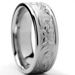 8mm Titanium Wedding Band Hand Engraved Vintage Design Polished Edges Available Sizes 7 8 8.5 9 9.5 10 10.5 11 11.5 12 12.5 13