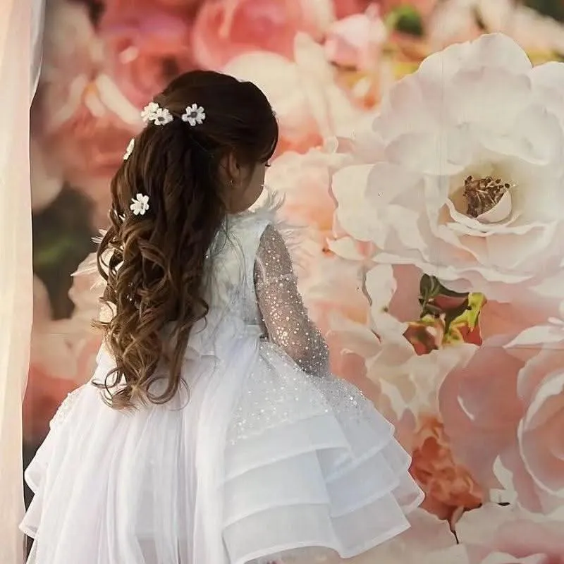 Baby Dress First Birthday Party Feather Sequin Long Sleeve Puffy Girl Princess Dress