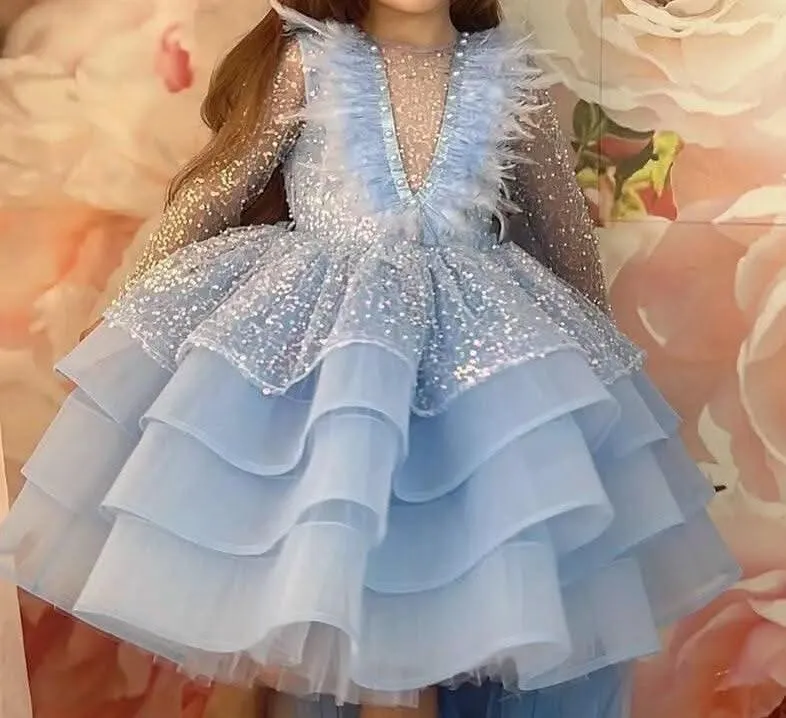 Baby Dress First Birthday Party Feather Sequin Long Sleeve Puffy Girl Princess Dress