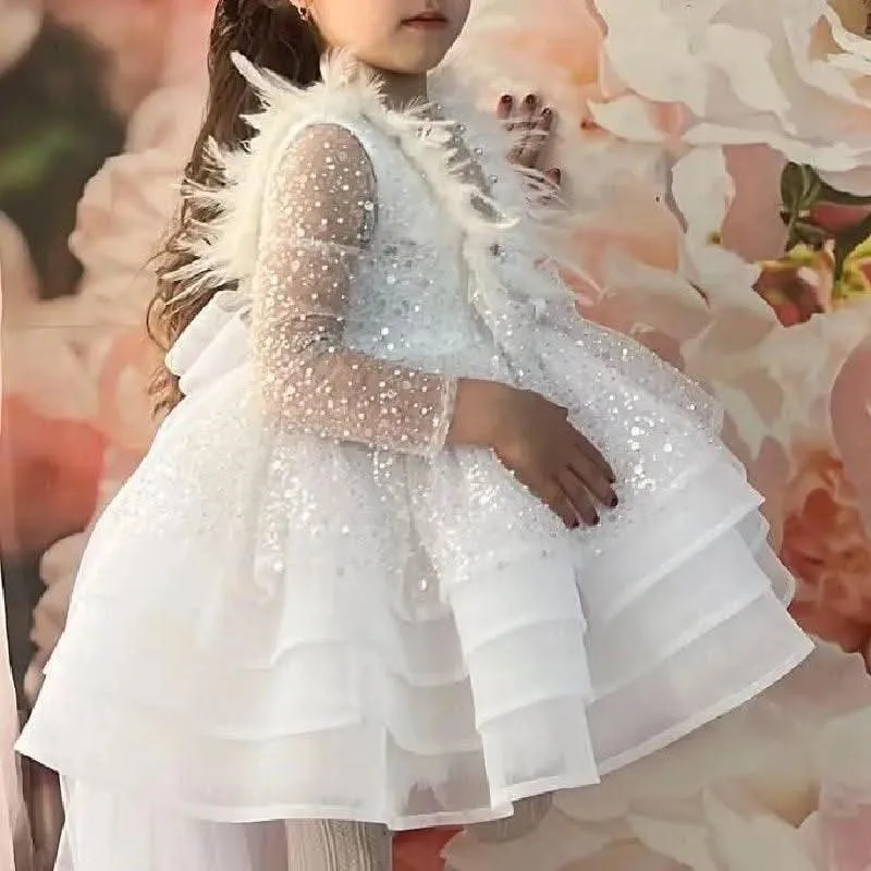 Baby Dress First Birthday Party Feather Sequin Long Sleeve Puffy Girl Princess Dress