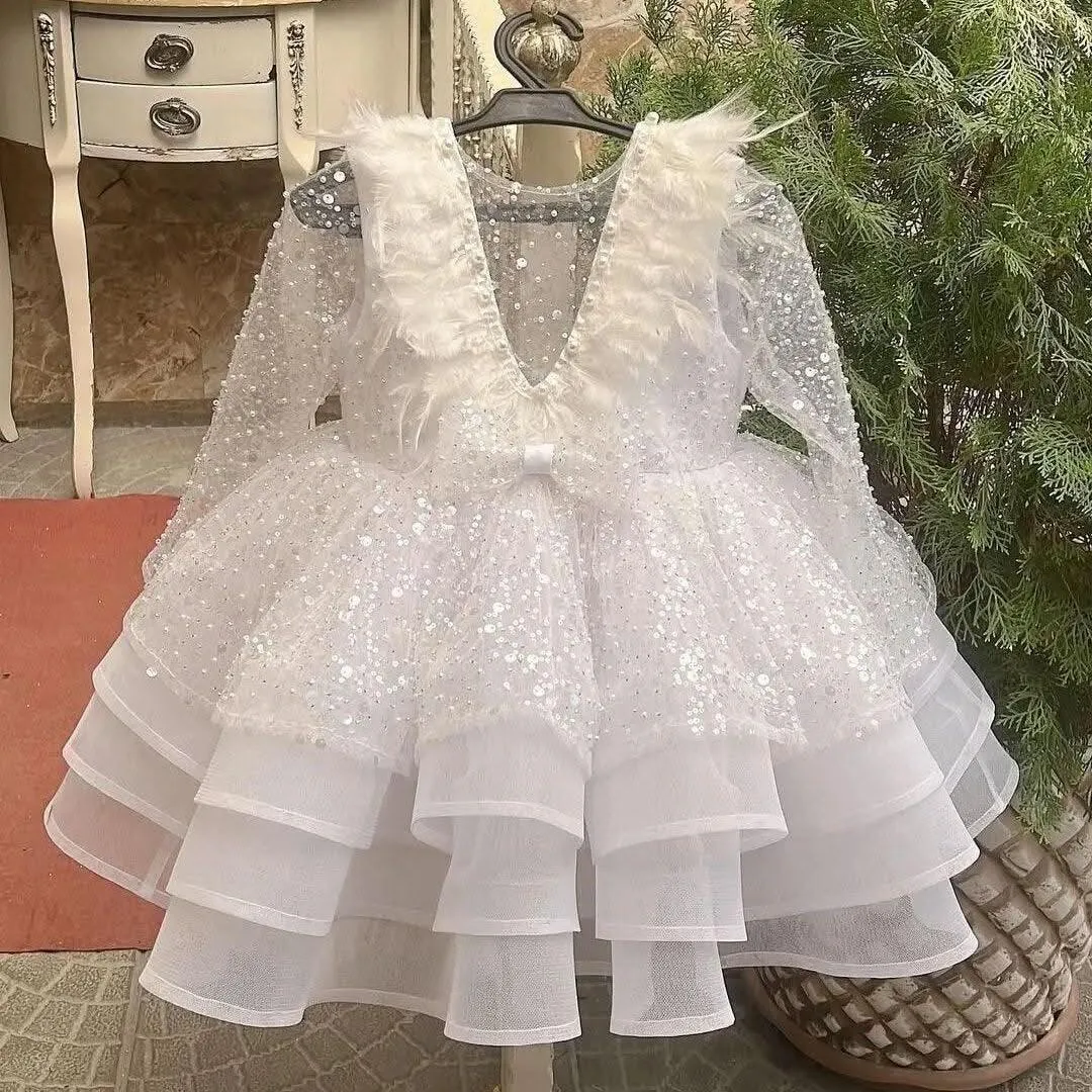 Baby Dress First Birthday Party Feather Sequin Long Sleeve Puffy Girl Princess Dress