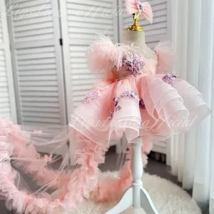 Cute Feather Fly Sleeve Embroidery Baby First Birthday Party Girl Princess Dress