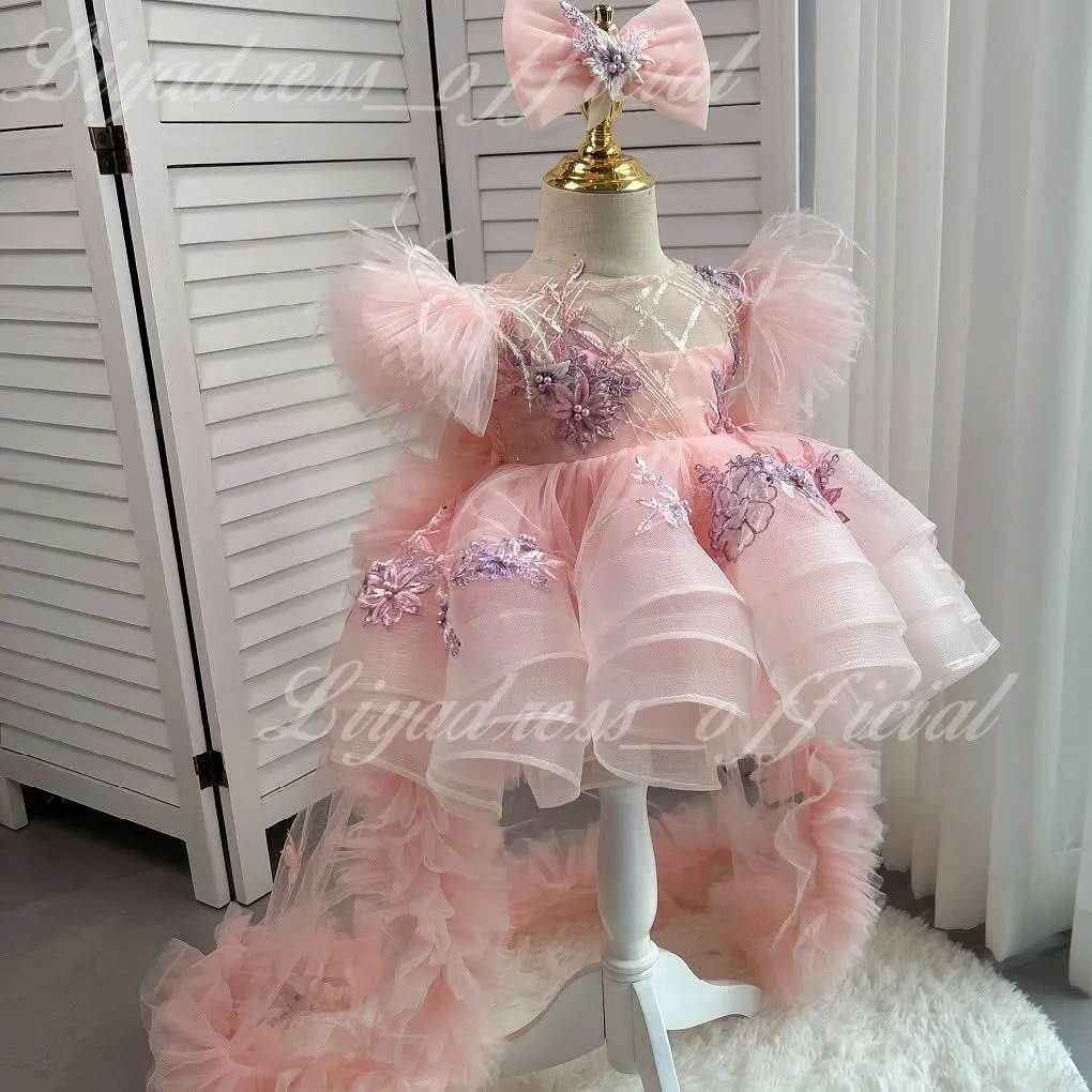 Cute Feather Fly Sleeve Embroidery Baby First Birthday Party Girl Princess Dress