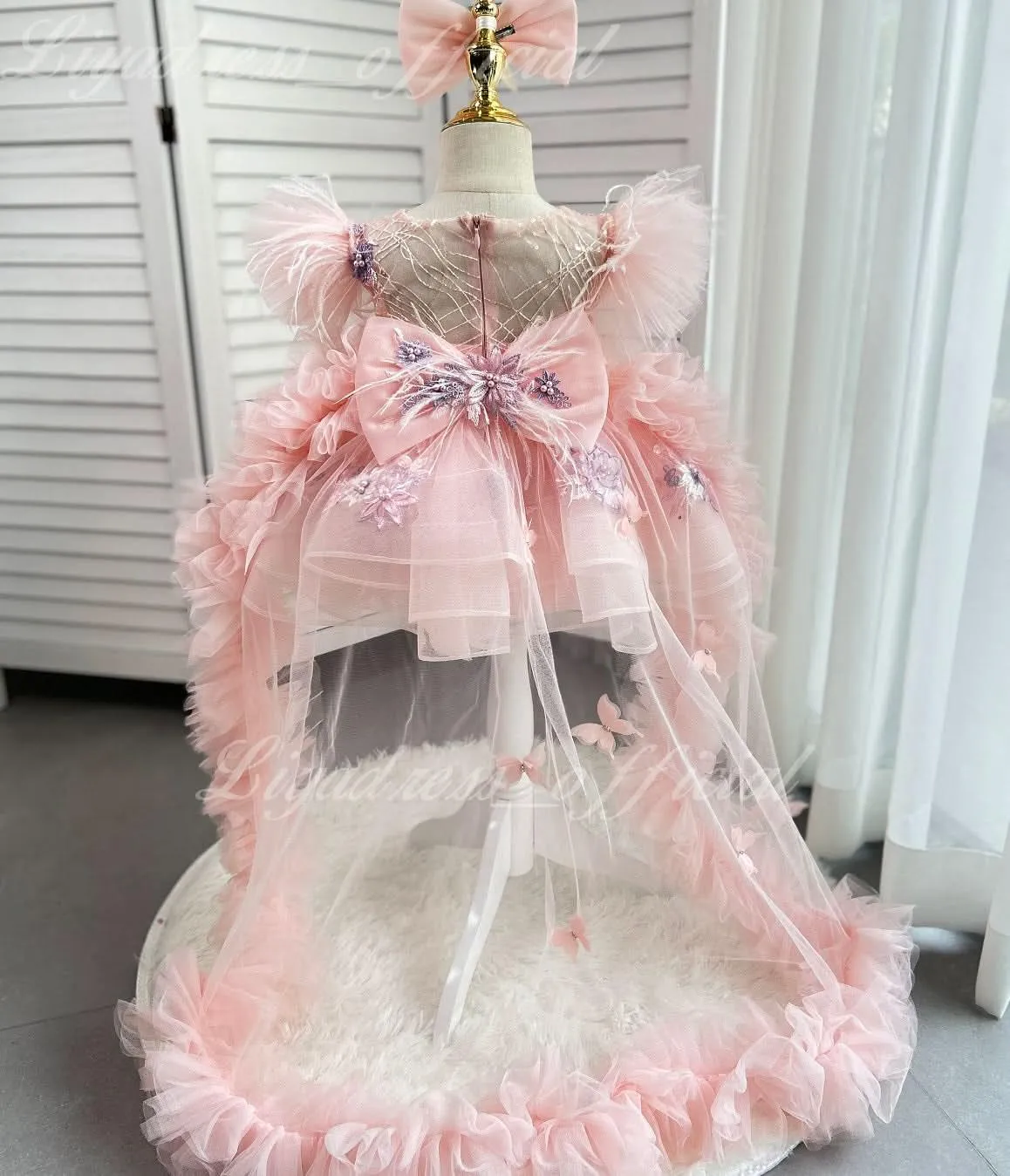 Cute Feather Fly Sleeve Embroidery Baby First Birthday Party Girl Princess Dress