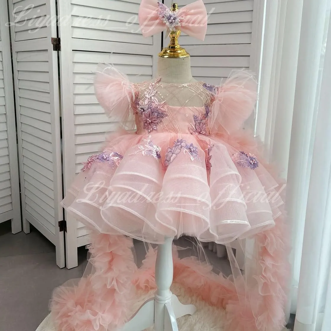 Cute Feather Fly Sleeve Embroidery Baby First Birthday Party Girl Princess Dress