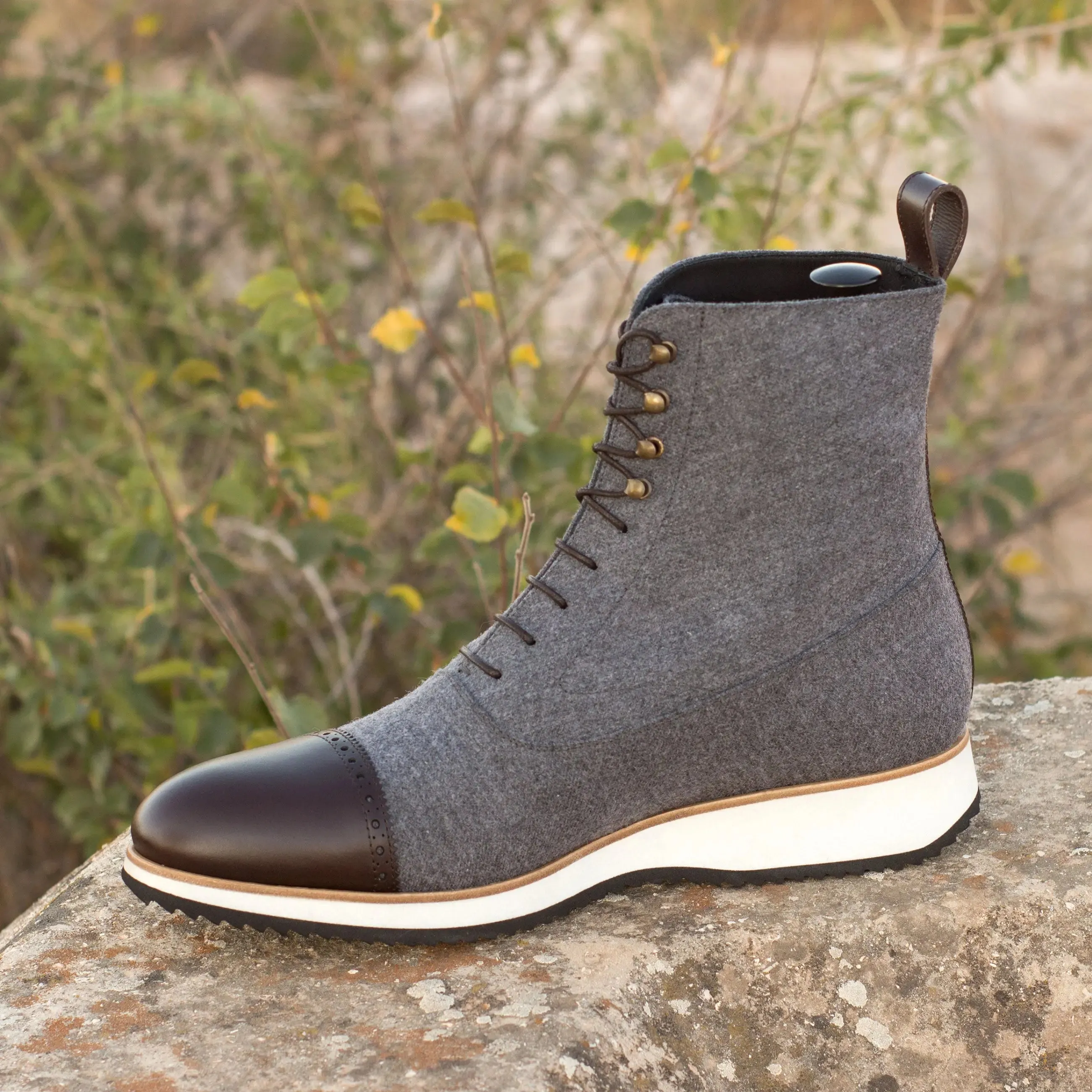 DapperFam Vittorio in Light Grey / Dark Brown Men's Flannel & Italian Leather Balmoral Boot