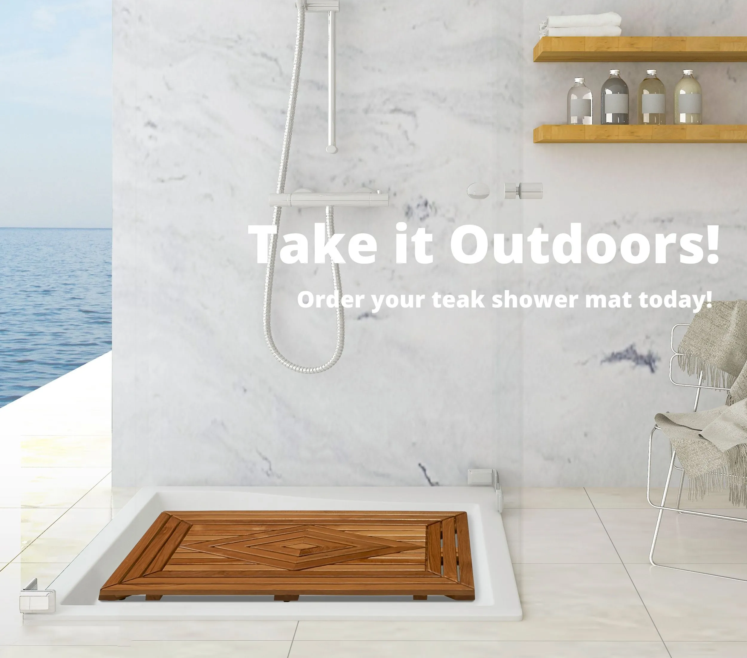 Designer Teak Shower Mat, Waterproof, Teak Oil Finish, Large, 32x20x2 for Bathroom, Pool, Spa, Boat, Sauna, Patio, RV, Front Door