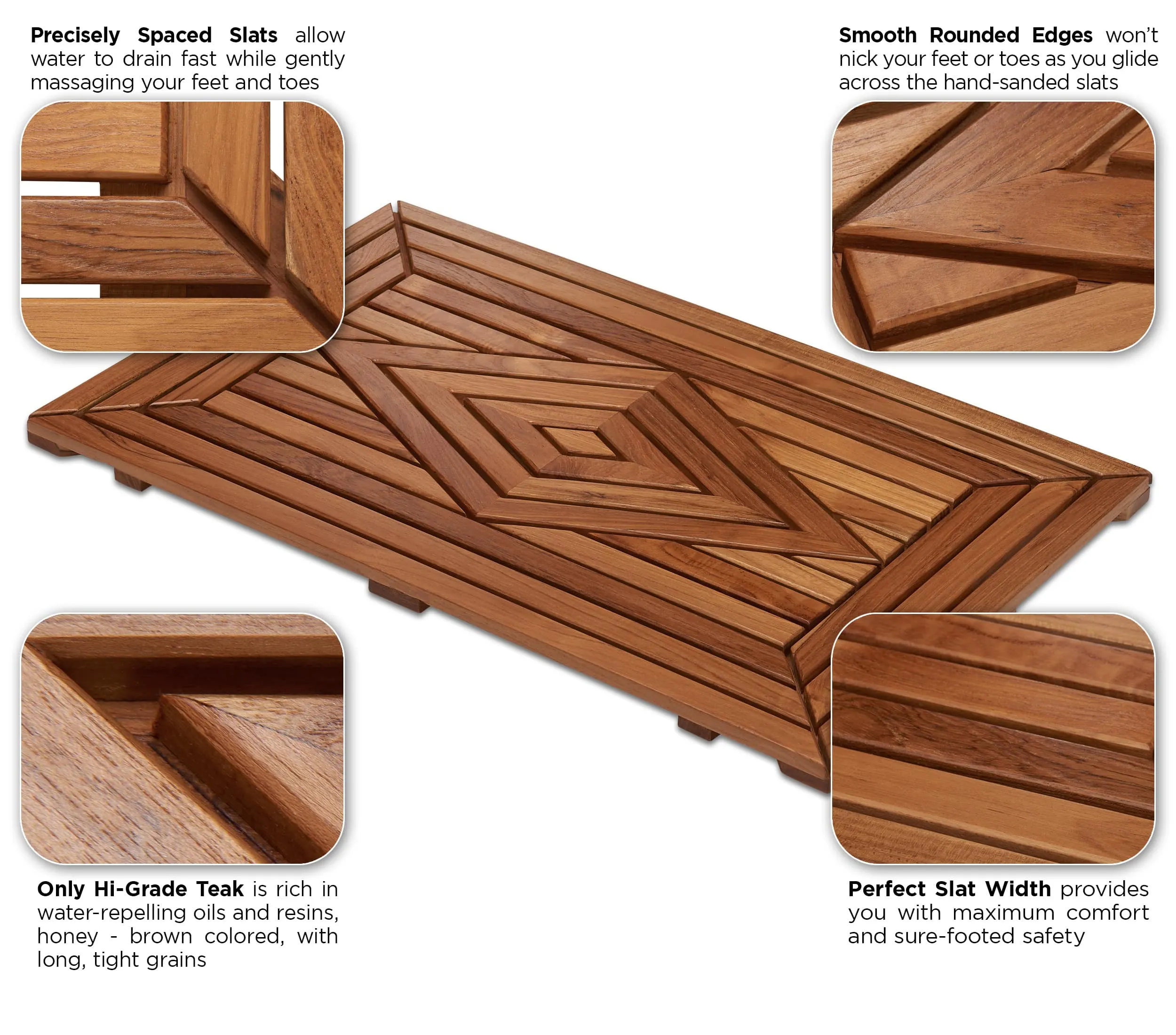 Designer Teak Shower Mat, Waterproof, Teak Oil Finish, Large, 32x20x2 for Bathroom, Pool, Spa, Boat, Sauna, Patio, RV, Front Door