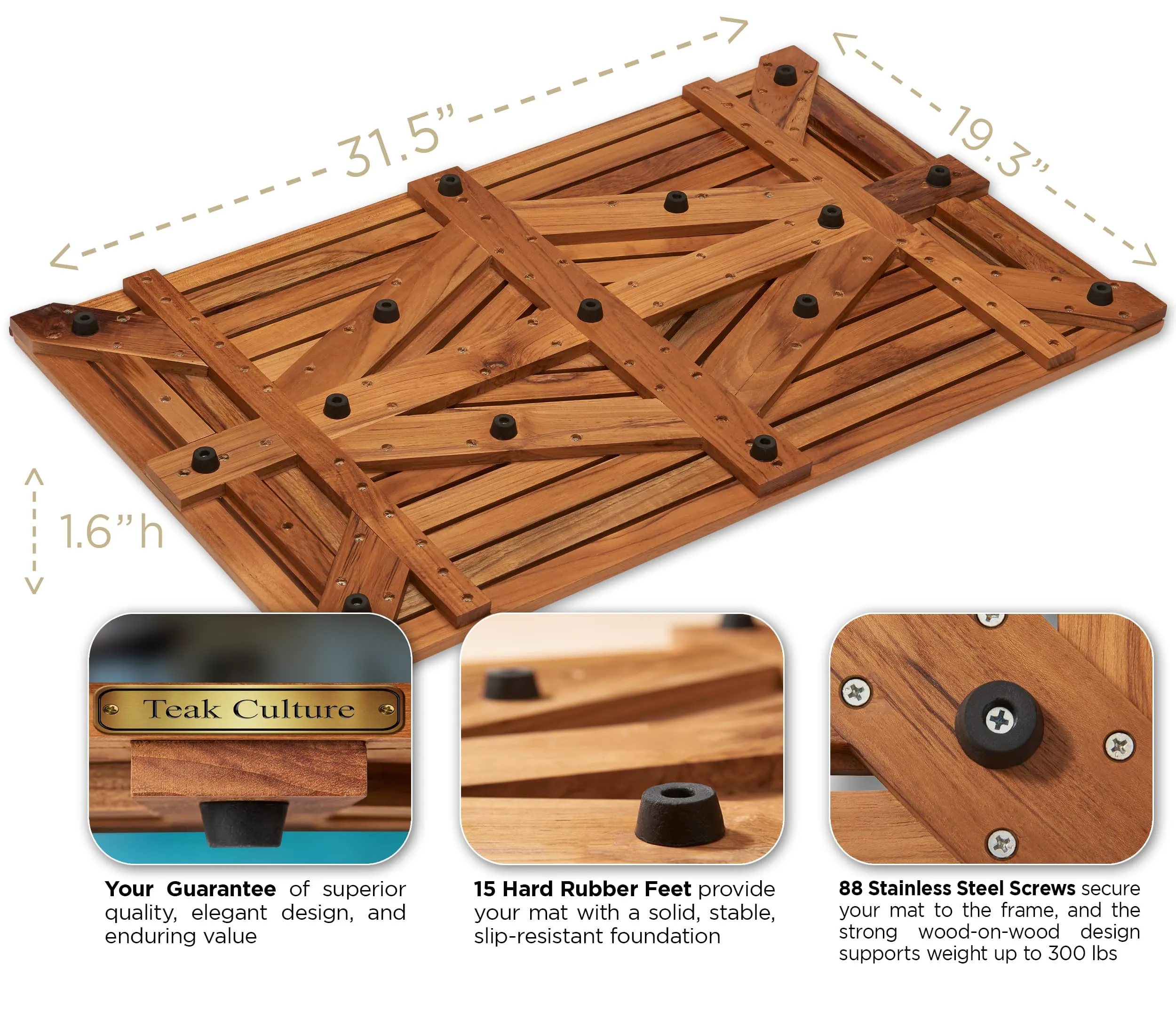 Designer Teak Shower Mat, Waterproof, Teak Oil Finish, Large, 32x20x2 for Bathroom, Pool, Spa, Boat, Sauna, Patio, RV, Front Door