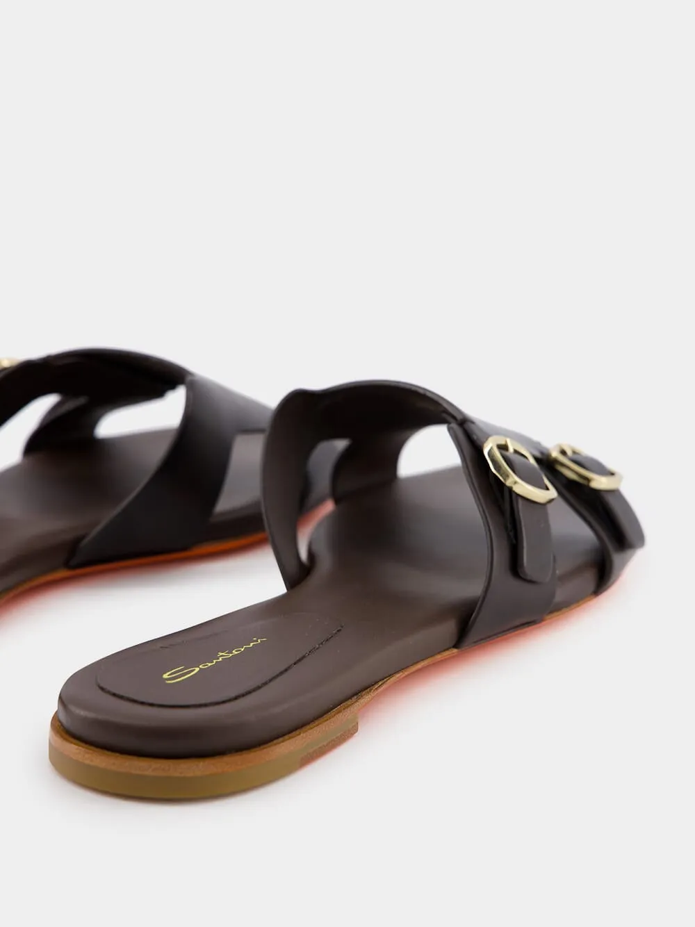 Double-Buckle Dark Brown Leather Slides