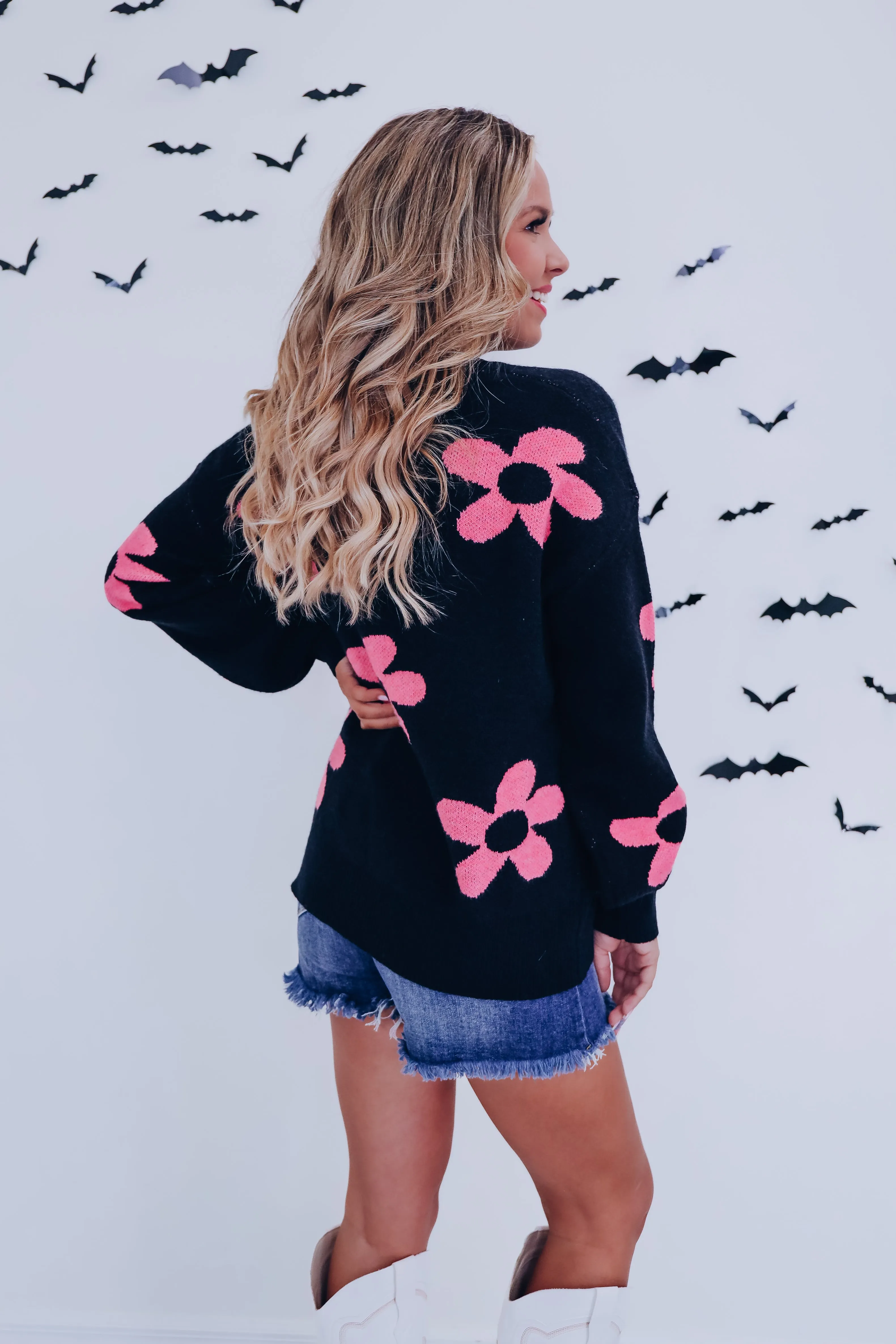 Fall Frenzy Floral Knit Sweater - Black/Pink