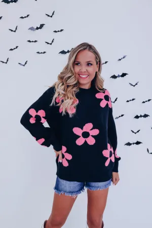 Fall Frenzy Floral Knit Sweater - Black/Pink