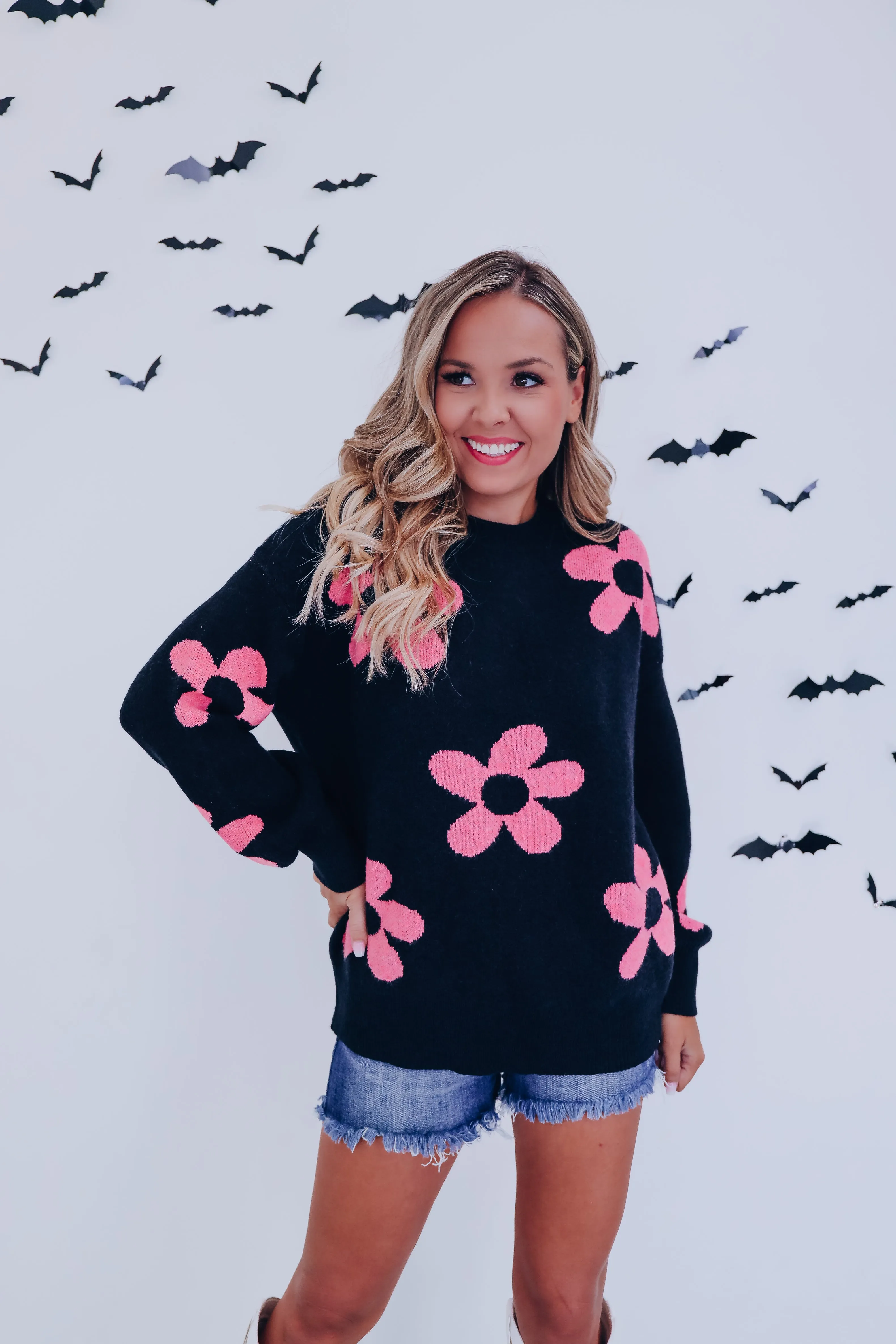 Fall Frenzy Floral Knit Sweater - Black/Pink