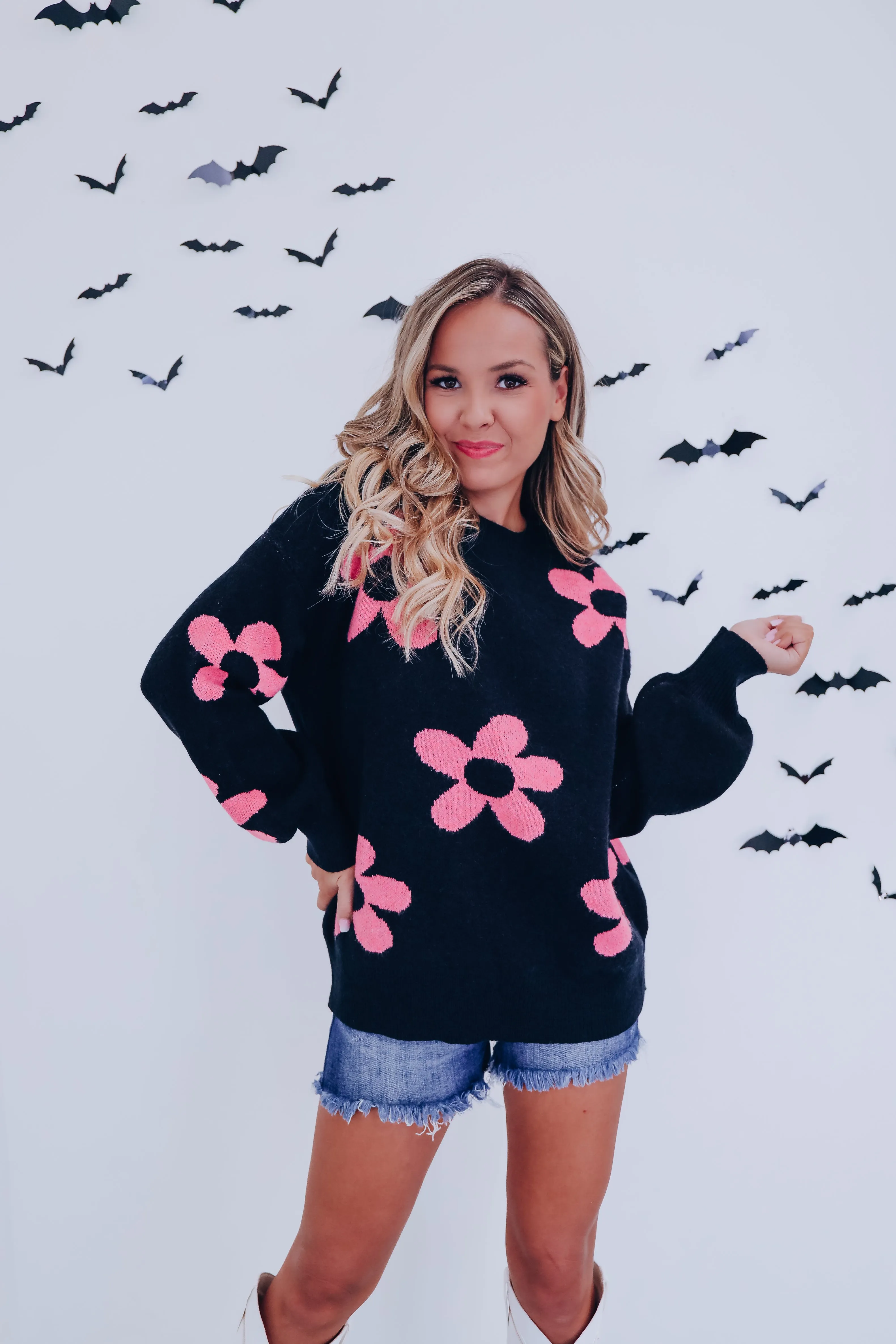 Fall Frenzy Floral Knit Sweater - Black/Pink