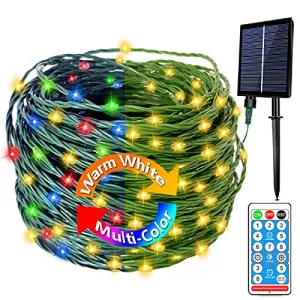 Gogsic Solar Outdoor String Lights with Remote, 108FT 300 LED Dual-Color 8 Lighting Modes Waterproof Fairy Twinkle Christmas Lights PVC Green Copper Wire for Christmas Tree Decor Multicolor&Warm White