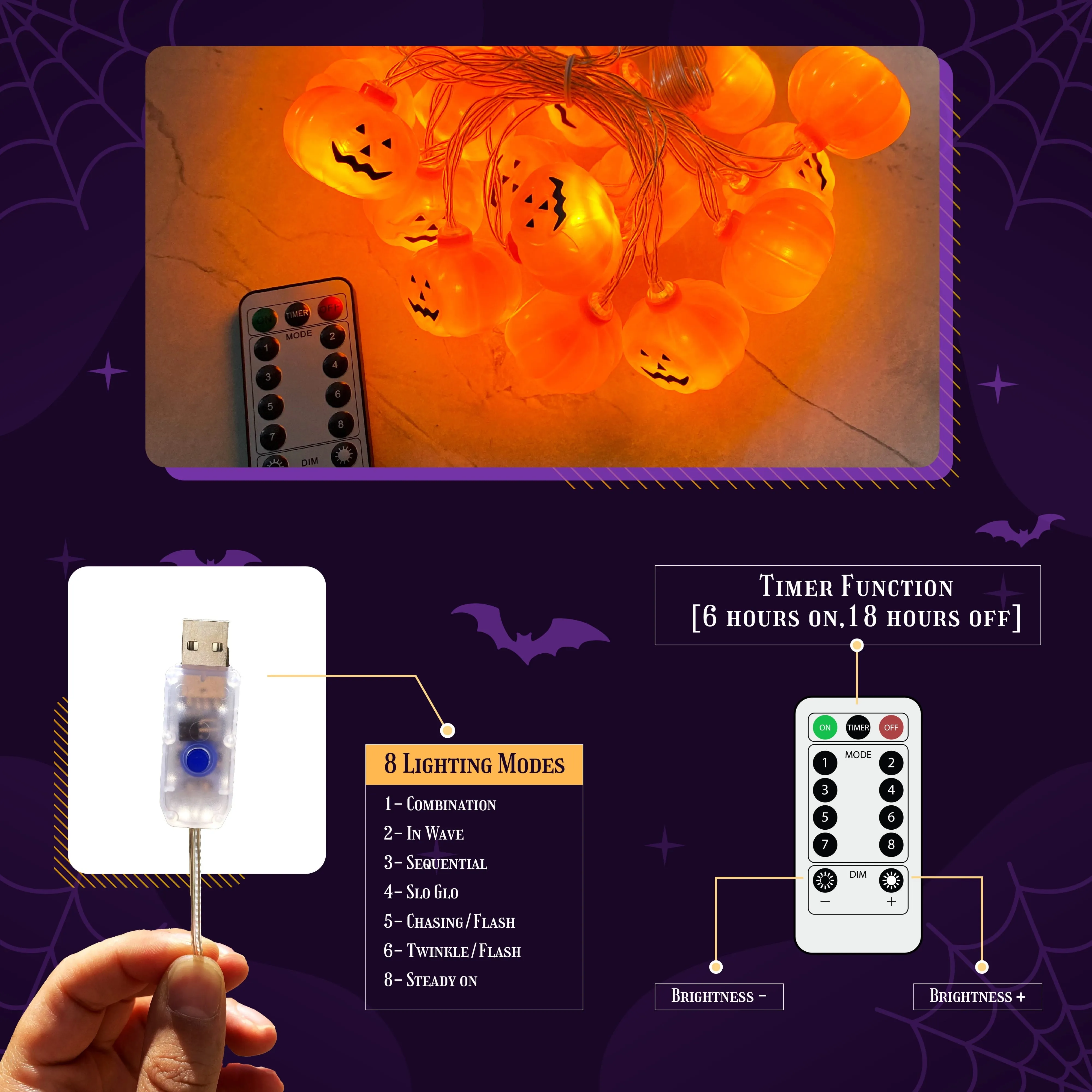 Halloween String Lights (40 Bulbs), LED Pumpkin Jack-O-Lantern Indoor Decoration, Orange Holiday Bulbs for Outdoor Décor, 8 Modes