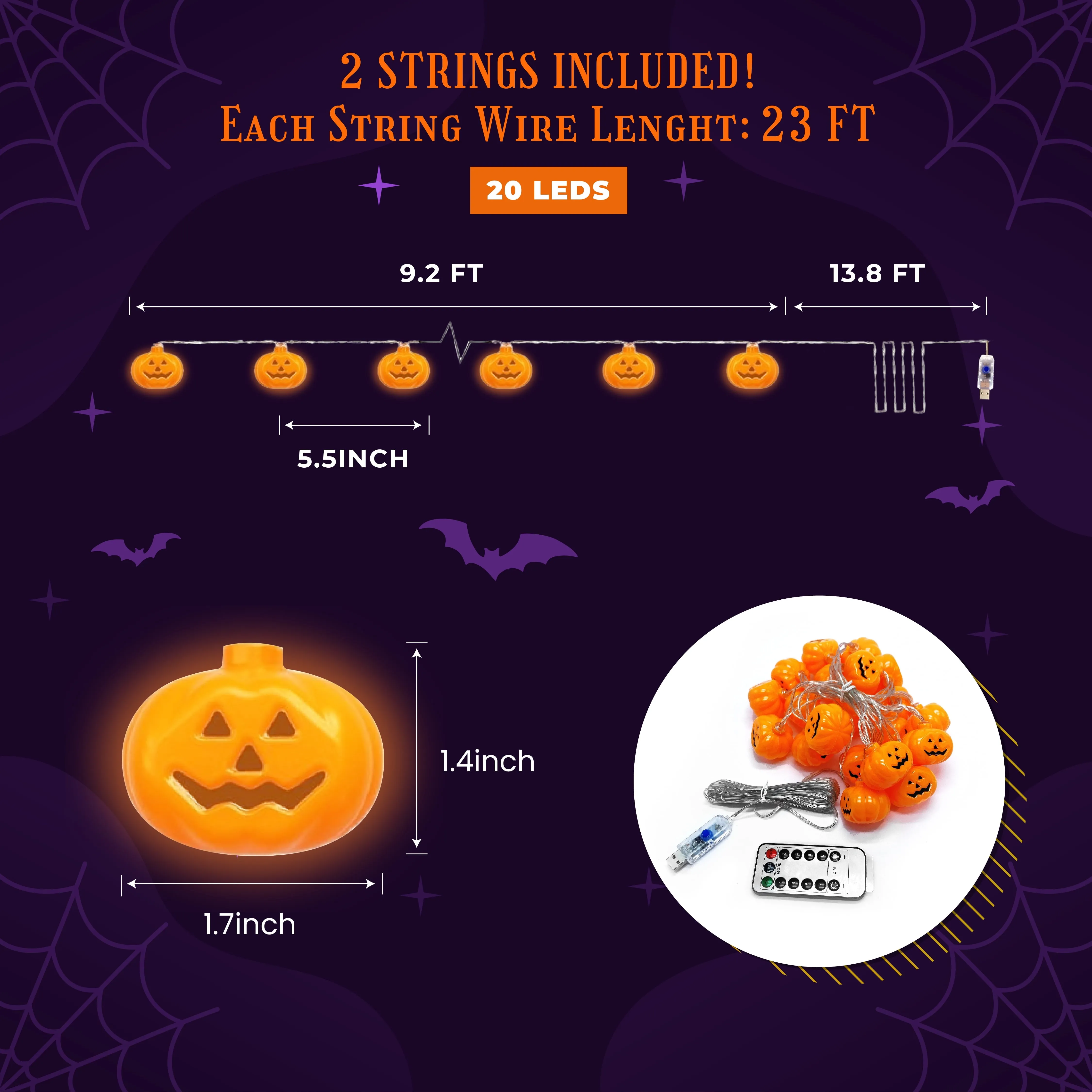 Halloween String Lights (40 Bulbs), LED Pumpkin Jack-O-Lantern Indoor Decoration, Orange Holiday Bulbs for Outdoor Décor, 8 Modes