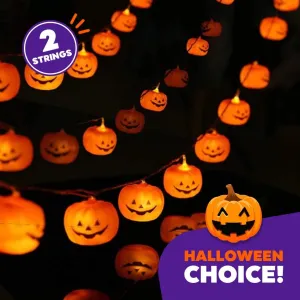 Halloween String Lights (40 Bulbs), LED Pumpkin Jack-O-Lantern Indoor Decoration, Orange Holiday Bulbs for Outdoor Décor, 8 Modes