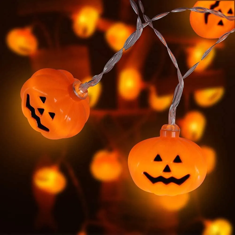 Halloween String Lights (40 Bulbs), LED Pumpkin Jack-O-Lantern Indoor Decoration, Orange Holiday Bulbs for Outdoor Décor, 8 Modes