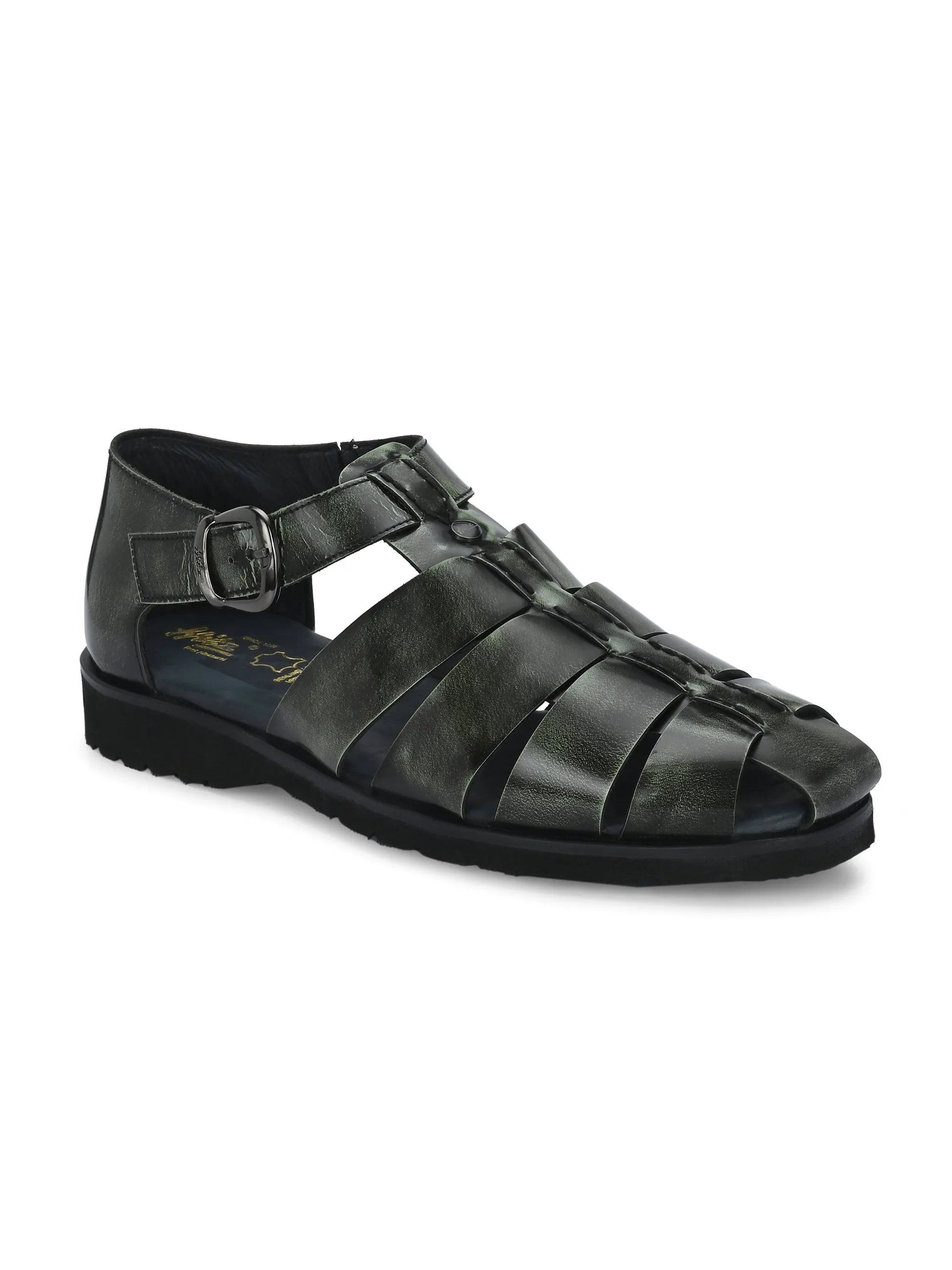 Hitz Men's Grey Leather Daily Wear Sandals