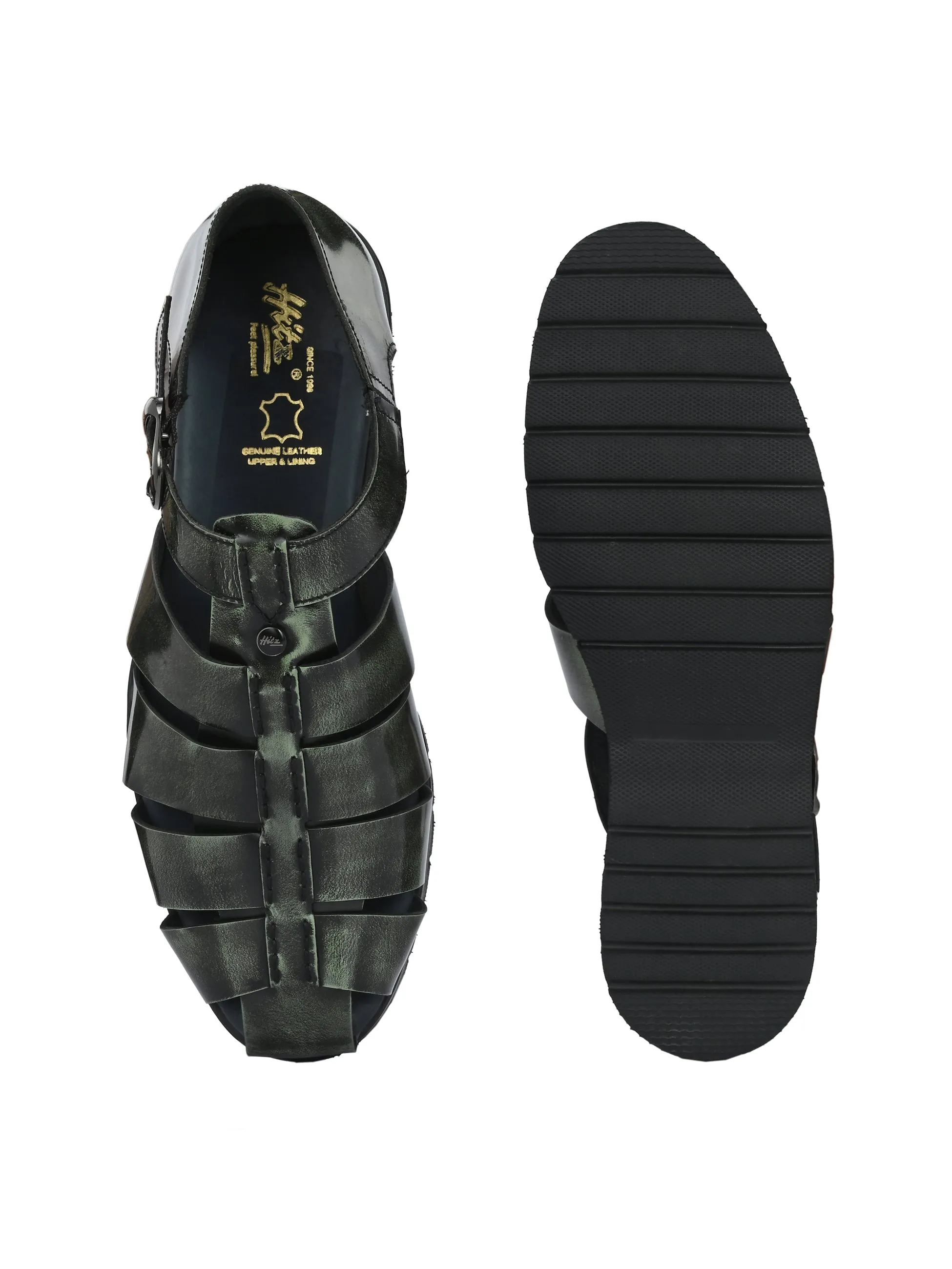 Hitz Men's Grey Leather Daily Wear Sandals