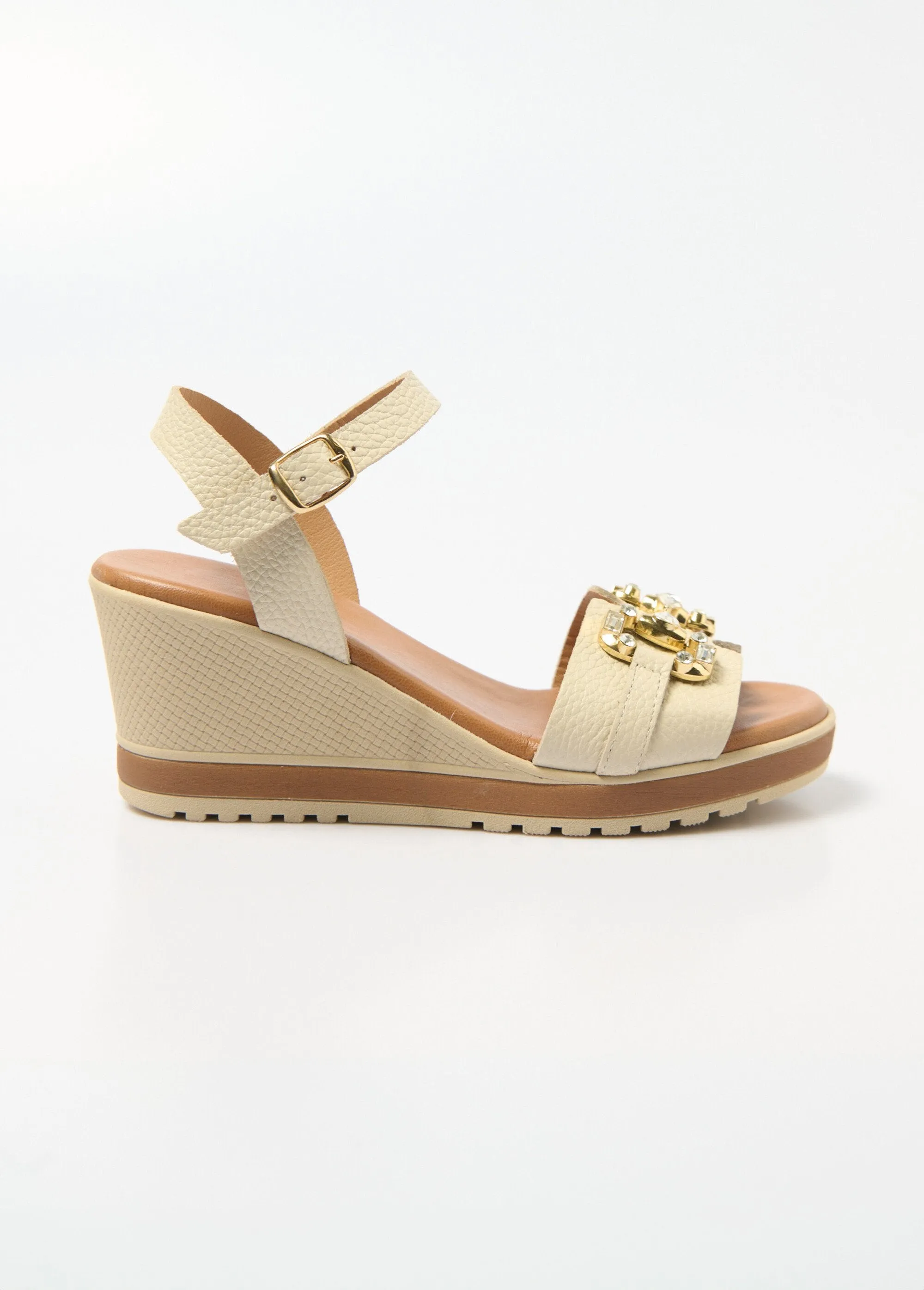 Leather wedge sandals, chic comfort width