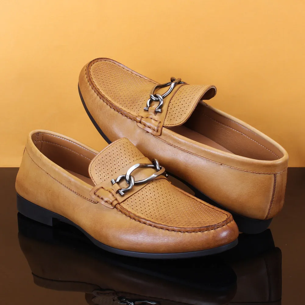 Men "VICENTE" Casual Perforated Slip On Metallic Buckle Leather Moccasins