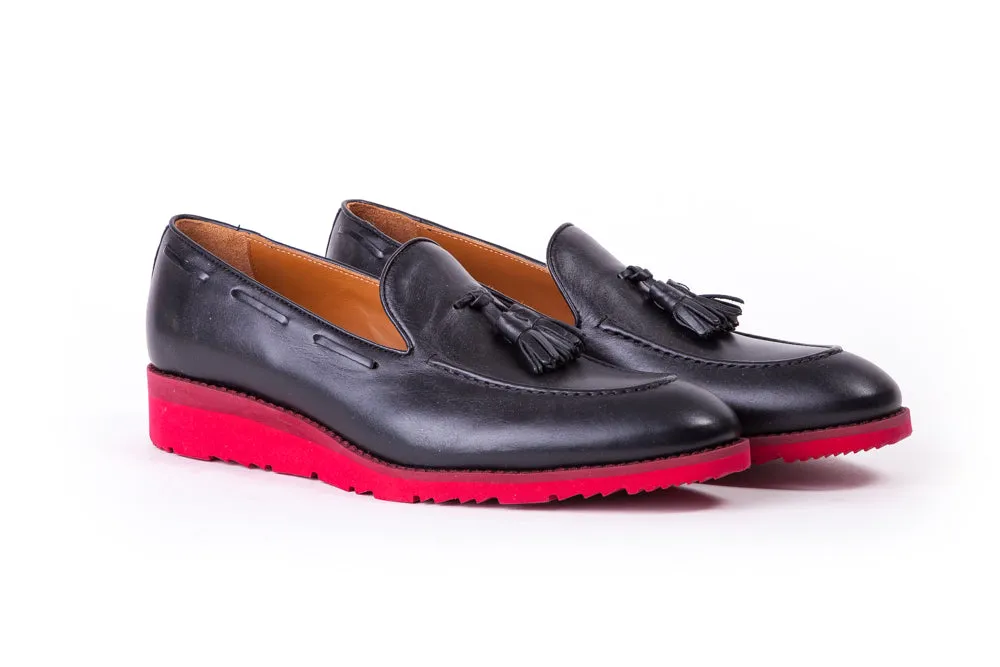 Men's Black & Oxblood Accented Tassel Loafer with Red Wedge sole (EX-173)