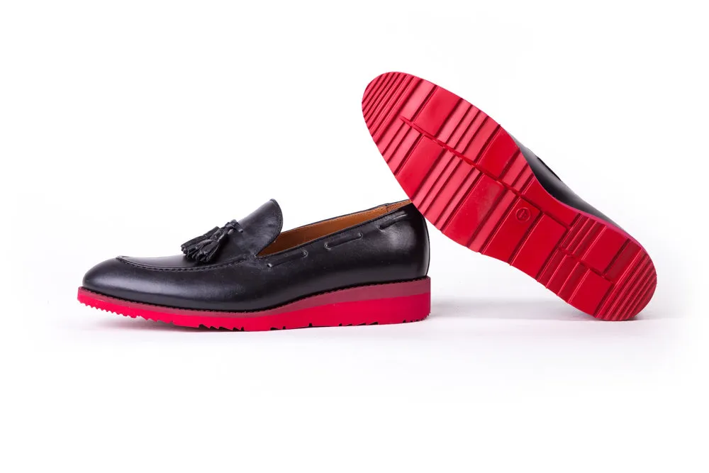 Men's Black & Oxblood Accented Tassel Loafer with Red Wedge sole (EX-173)