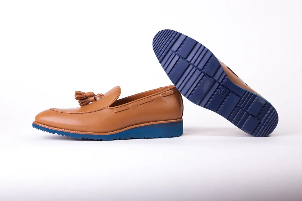Men's Tan & Tan Accented Tassel Loafer with Blue Wedge Sole (EX169)