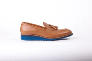 Men's Tan & Tan Accented Tassel Loafer with Blue Wedge Sole (EX169)