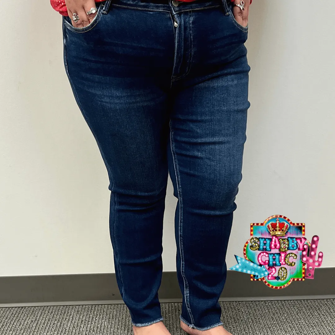 Mid Rise Raw Hem Crop Skinny Dark Non Distressed Jeans