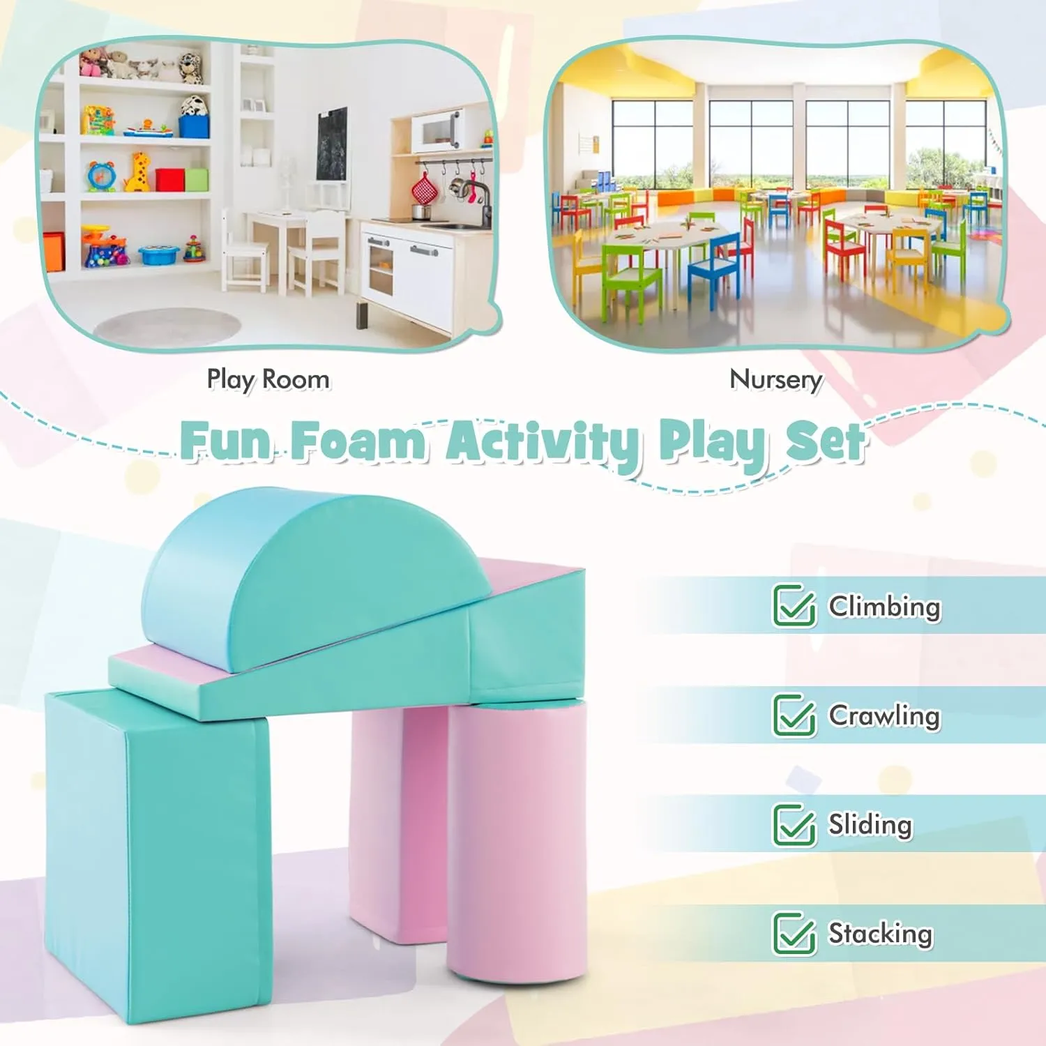 Montessori Soft Play Equipment | Pikler 5 Piece Foam Soft Play Set | Soft Play Slide & Bridge | Pastel Mints | 1-3 years