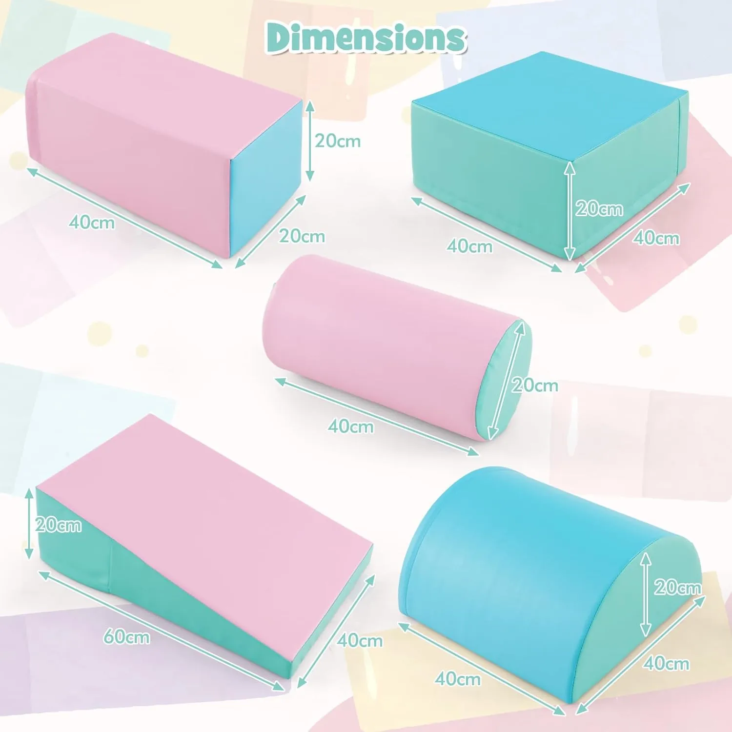Montessori Soft Play Equipment | Pikler 5 Piece Foam Soft Play Set | Soft Play Slide & Bridge | Pastel Mints | 1-3 years