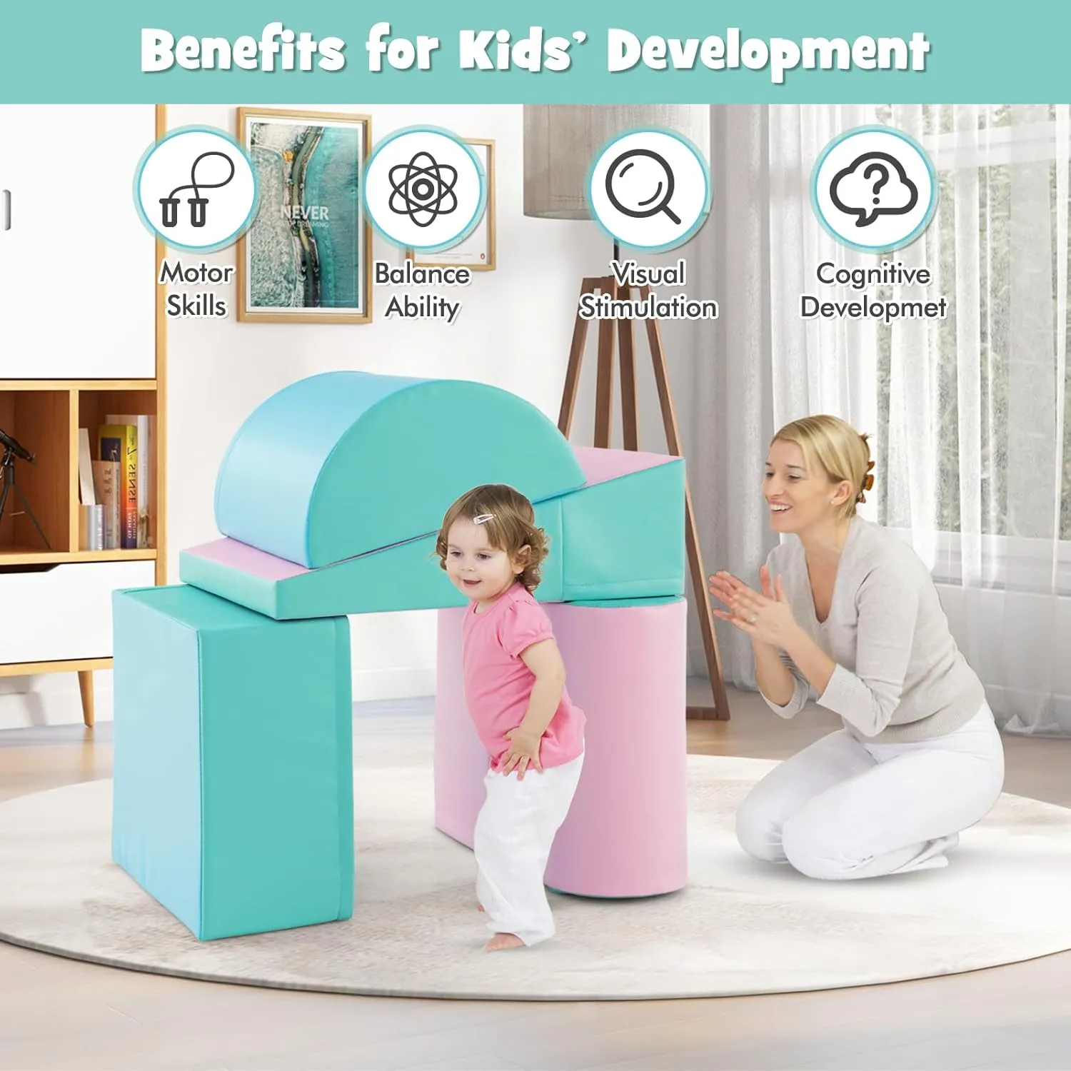 Montessori Soft Play Equipment | Pikler 5 Piece Foam Soft Play Set | Soft Play Slide & Bridge | Pastel Mints | 1-3 years