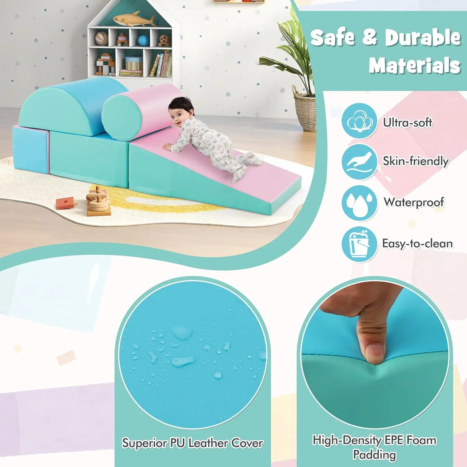 Montessori Soft Play Equipment | Pikler 5 Piece Foam Soft Play Set | Soft Play Slide & Bridge | Pastel Mints | 1-3 years