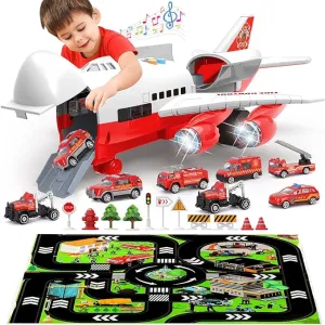 NEW Transport Cargo Airplane Toy-Car Toys for Boys with Large Play Mat, Sounds Buttons Flashing Light, Vehicles Fire Trucks Large Plane 11 Road Signs T47 - Retails for $49 !