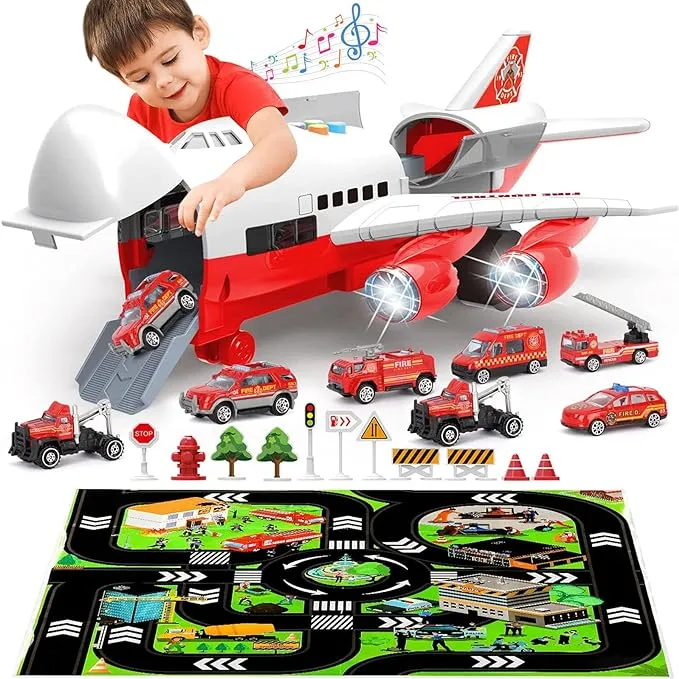 NEW Transport Cargo Airplane Toy-Car Toys for Boys with Large Play Mat, Sounds Buttons Flashing Light, Vehicles Fire Trucks Large Plane 11 Road Signs T47 - Retails for $49 !