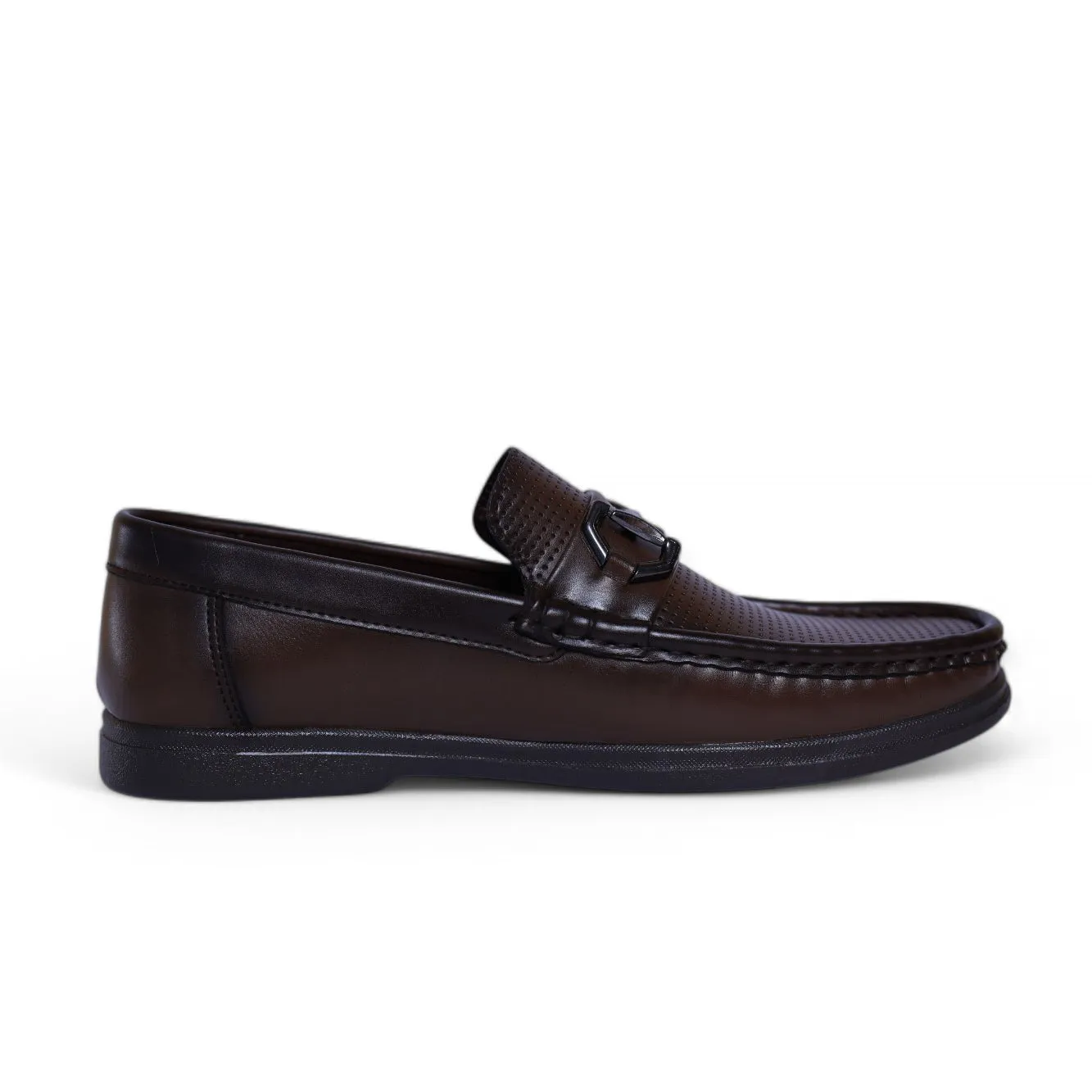 Premium Brown Leather Loafers – Perforated Design with Metal Buckle