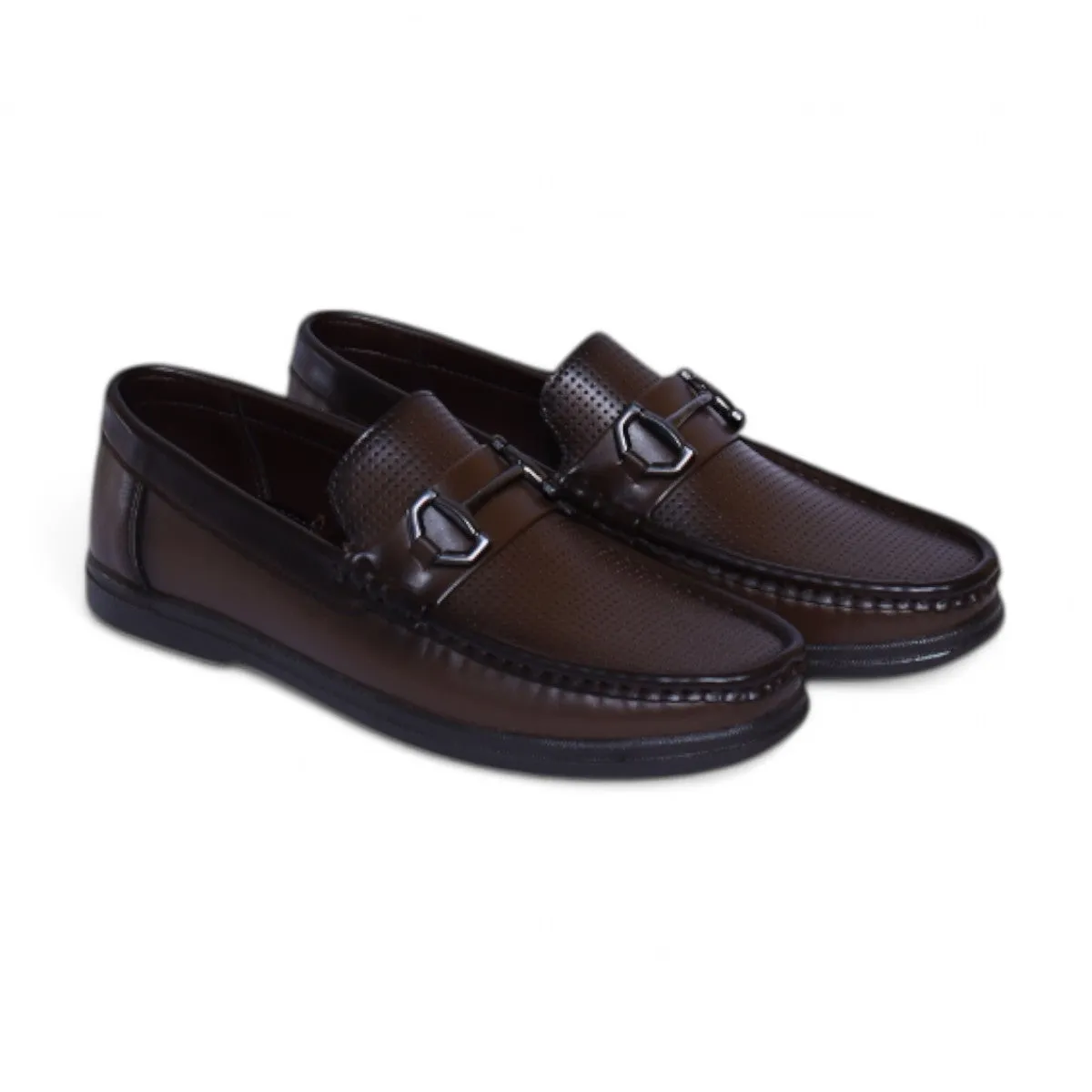 Premium Brown Leather Loafers – Perforated Design with Metal Buckle
