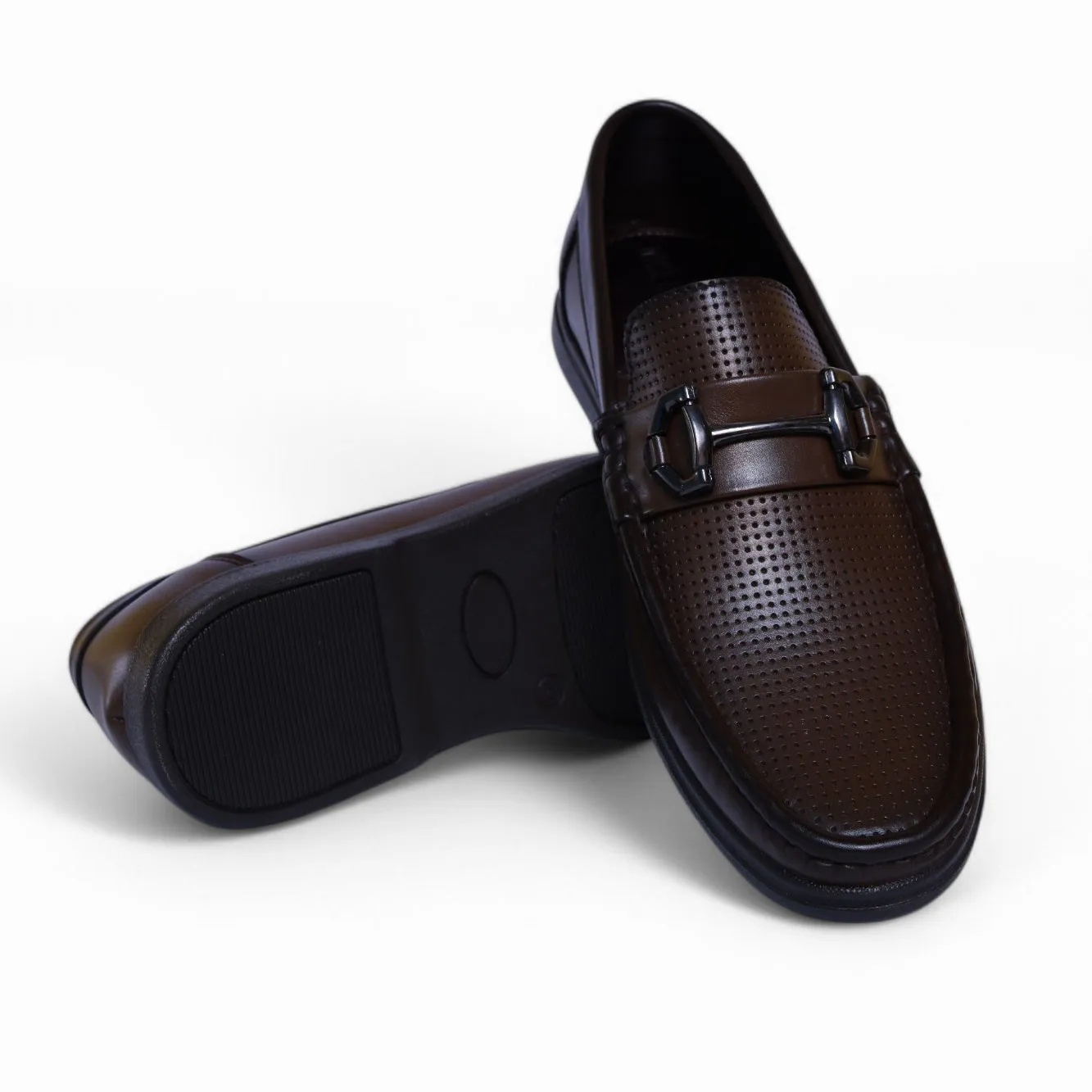 Premium Brown Leather Loafers – Perforated Design with Metal Buckle