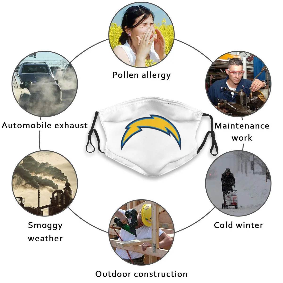 Print Football Personalized Los Angeles Chargers White Face Mask With PM 2.5 Filter