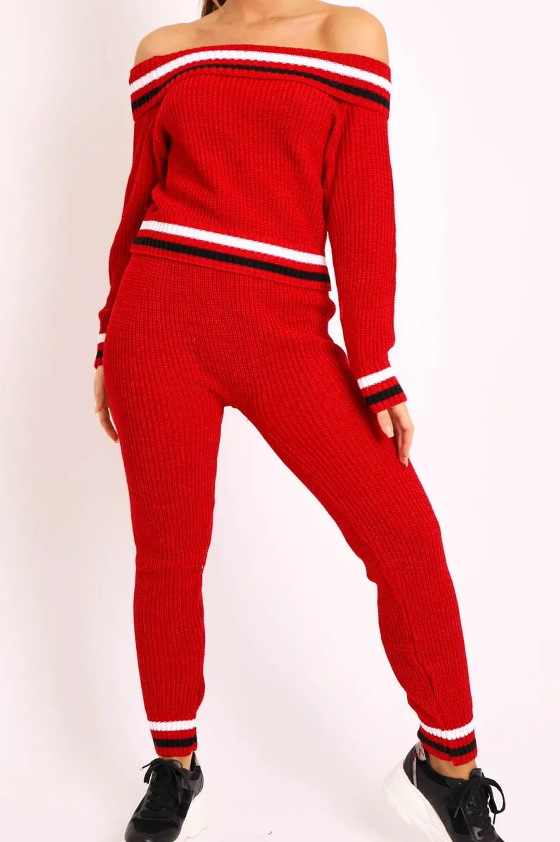 Red Knitted Bardot Jumper Legging Loungewear Co-ord - Neala