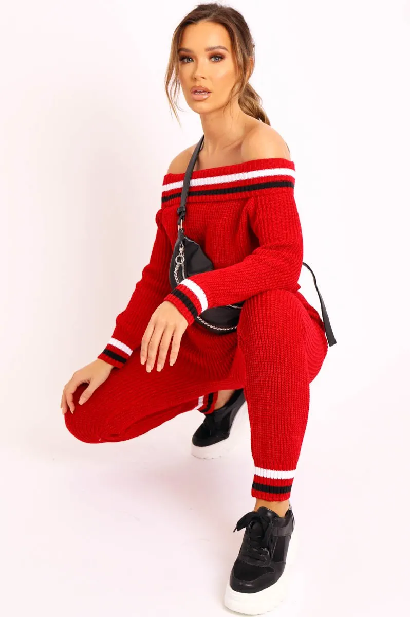 Red Knitted Bardot Jumper Legging Loungewear Co-ord - Neala
