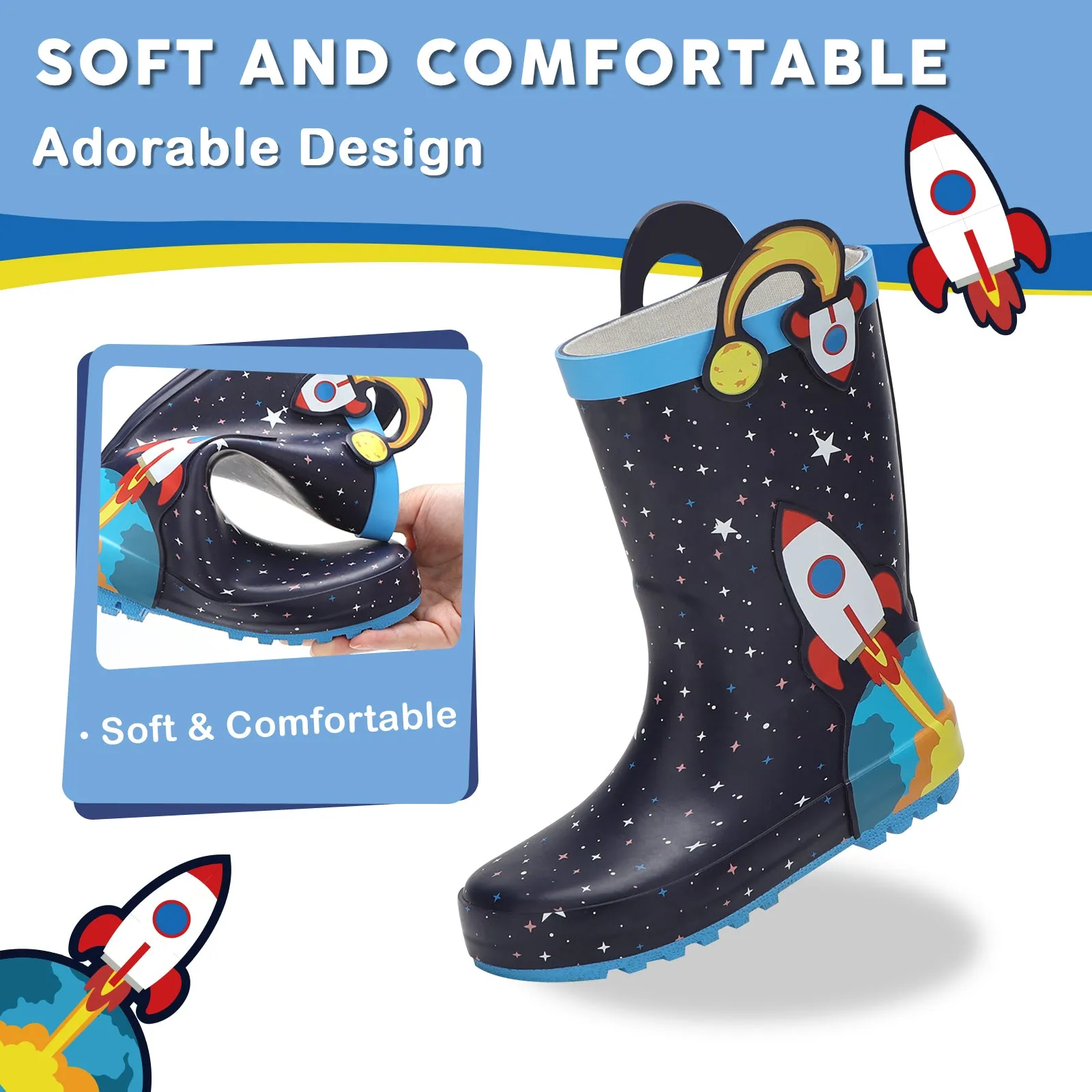 Rocket Toddler Kids  Rubber Rain Boots
