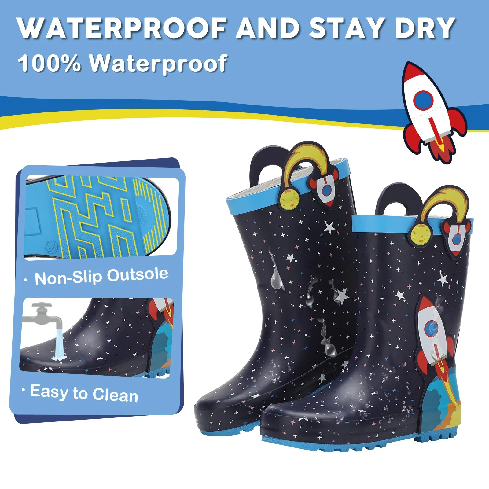 Rocket Toddler Kids  Rubber Rain Boots