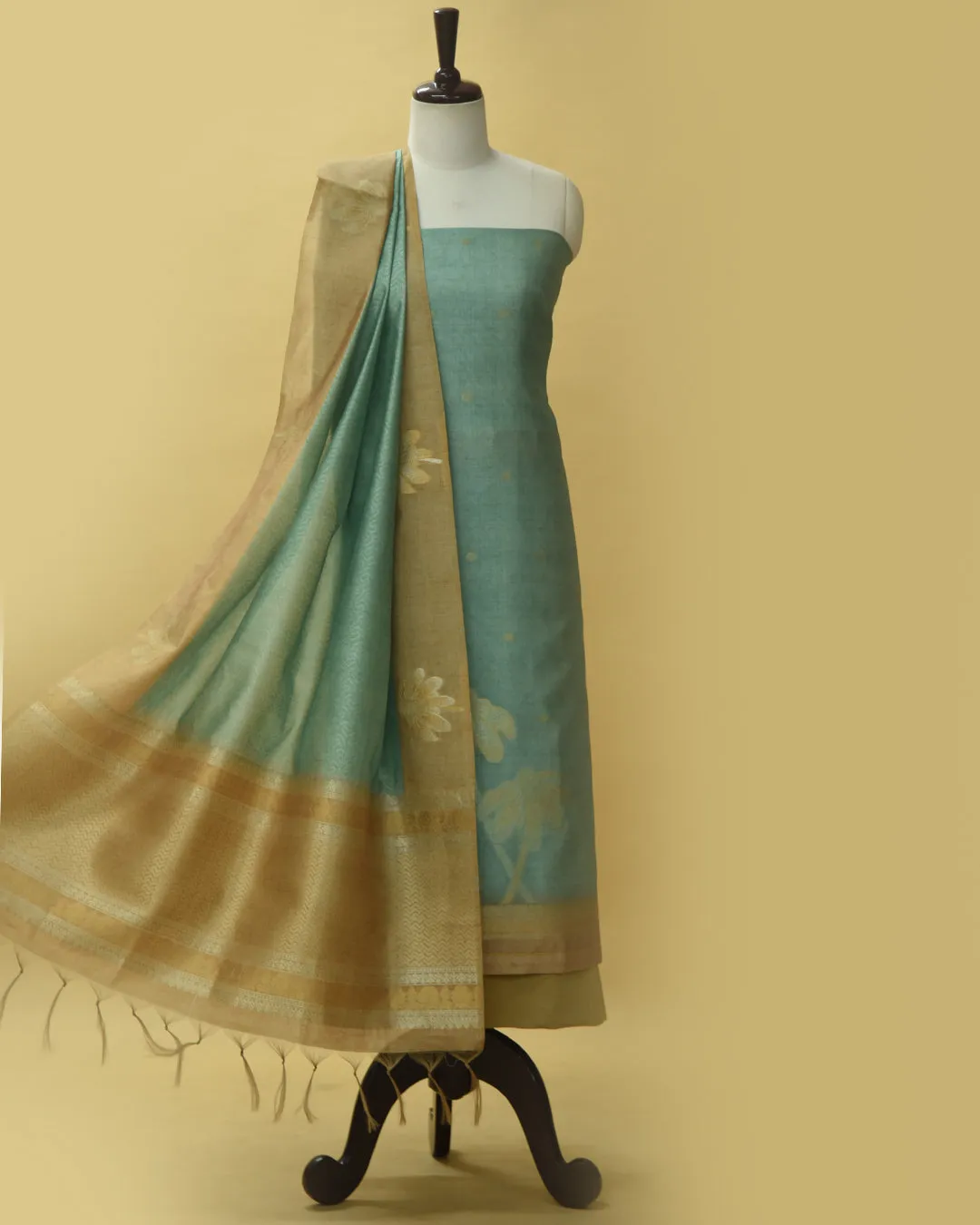 Sea Green Chanderi Blend Woven Unstitched Suit Fabric Set With Chanderi Blend Woven Dupatta
