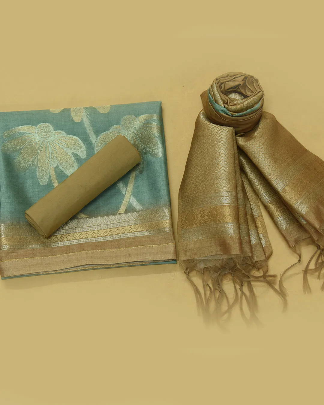 Sea Green Chanderi Blend Woven Unstitched Suit Fabric Set With Chanderi Blend Woven Dupatta