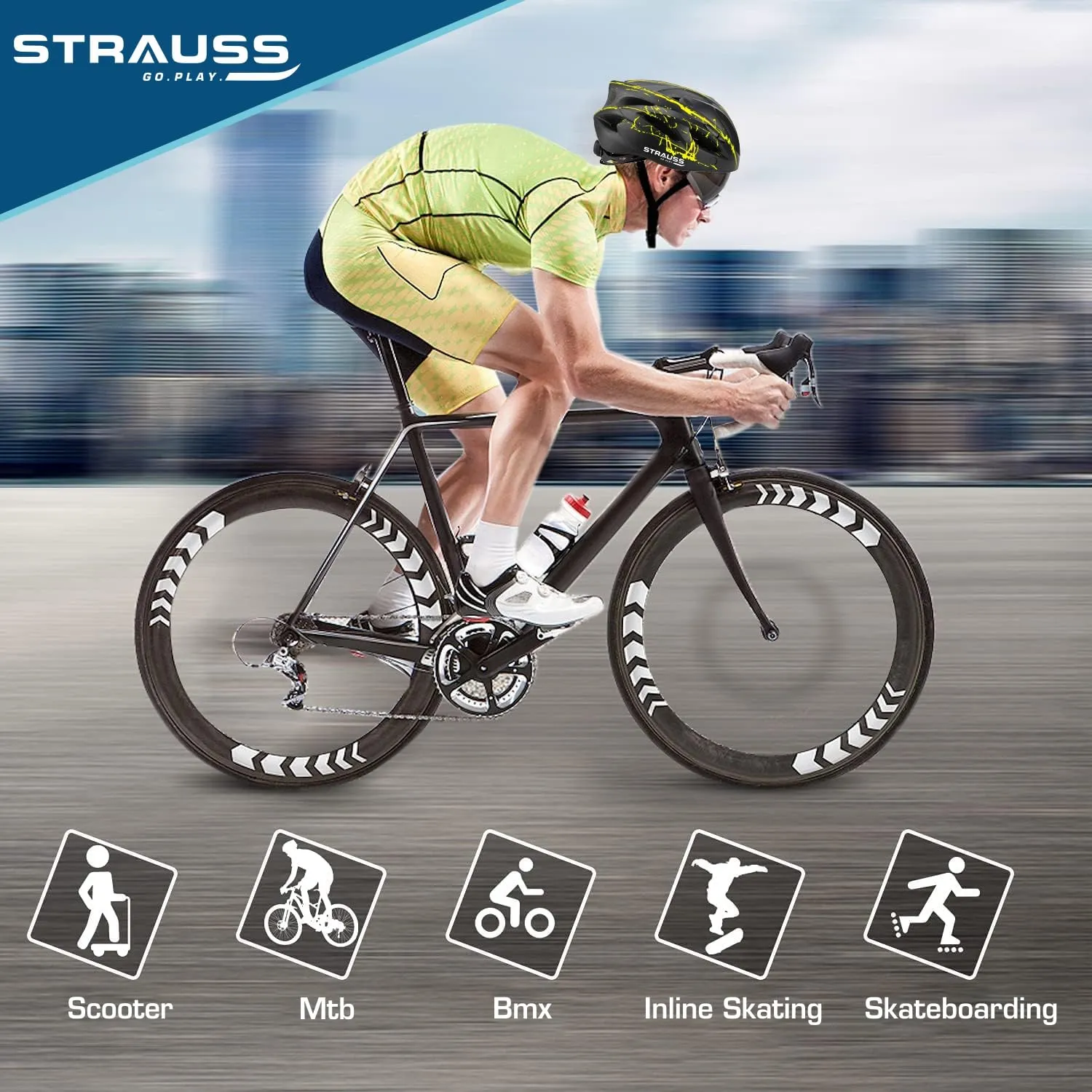 Strauss Cycling Helmet: Lightweight with Magnetic Goggles | Adjustable Strap | Green/Black