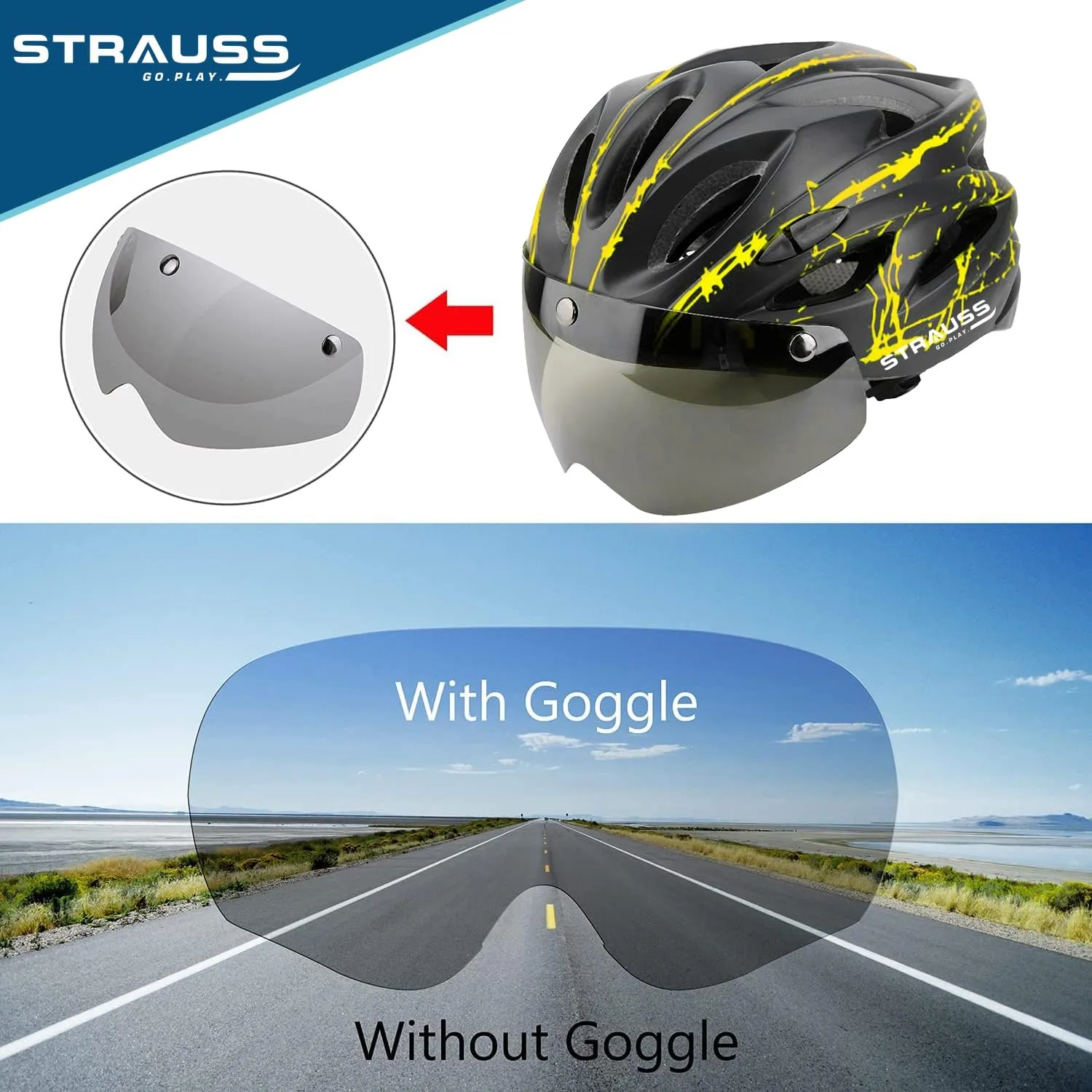Strauss Cycling Helmet: Lightweight with Magnetic Goggles | Adjustable Strap | Green/Black